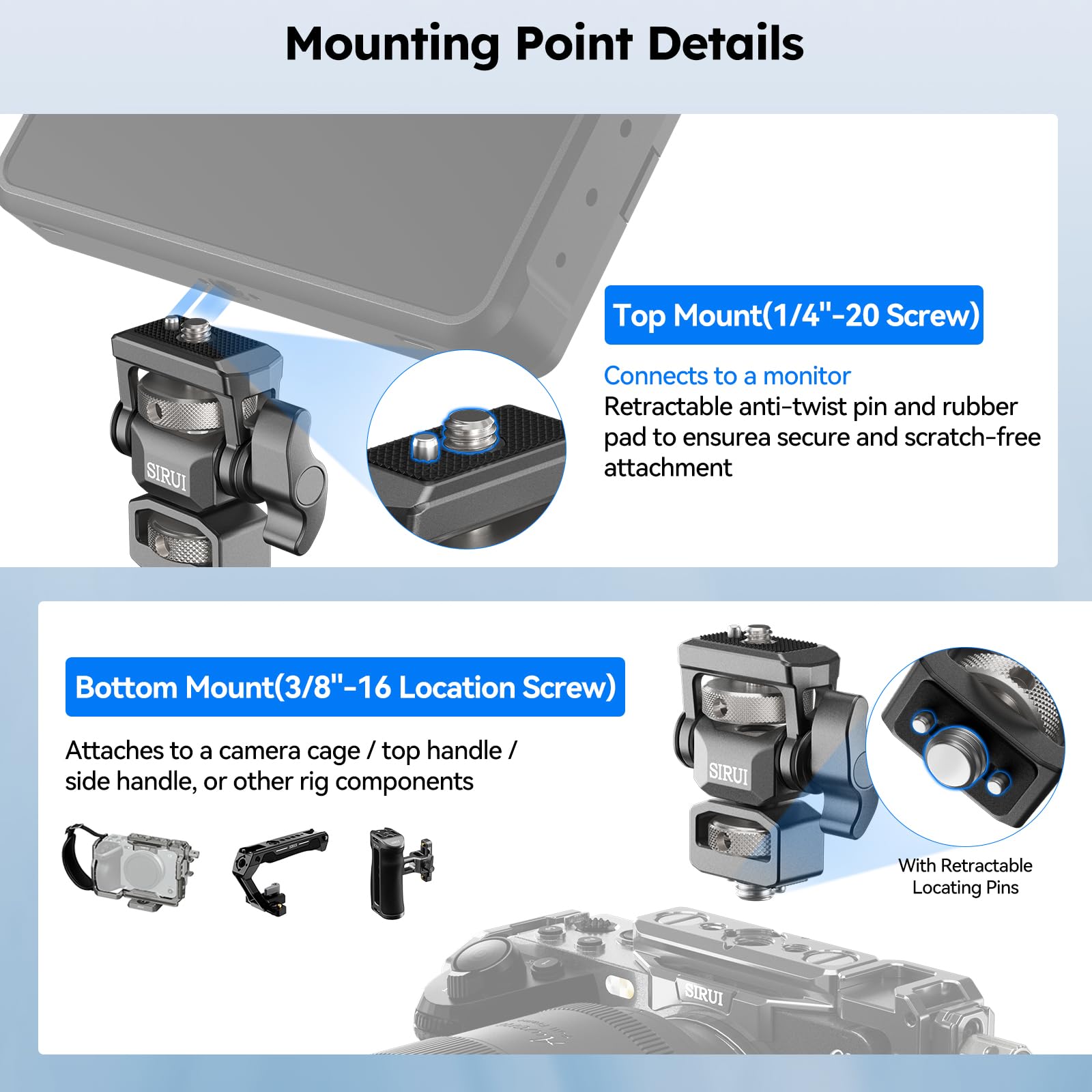 SIRUI ARRI-Style Monitor Halterung mit 3/8" und 1/4"-20 Gewinde, Schwenk- und Neigefunktion, Anti-Dreh-Pin für 5"-7" Monitore, Zubehörhalterung, AM-MT02