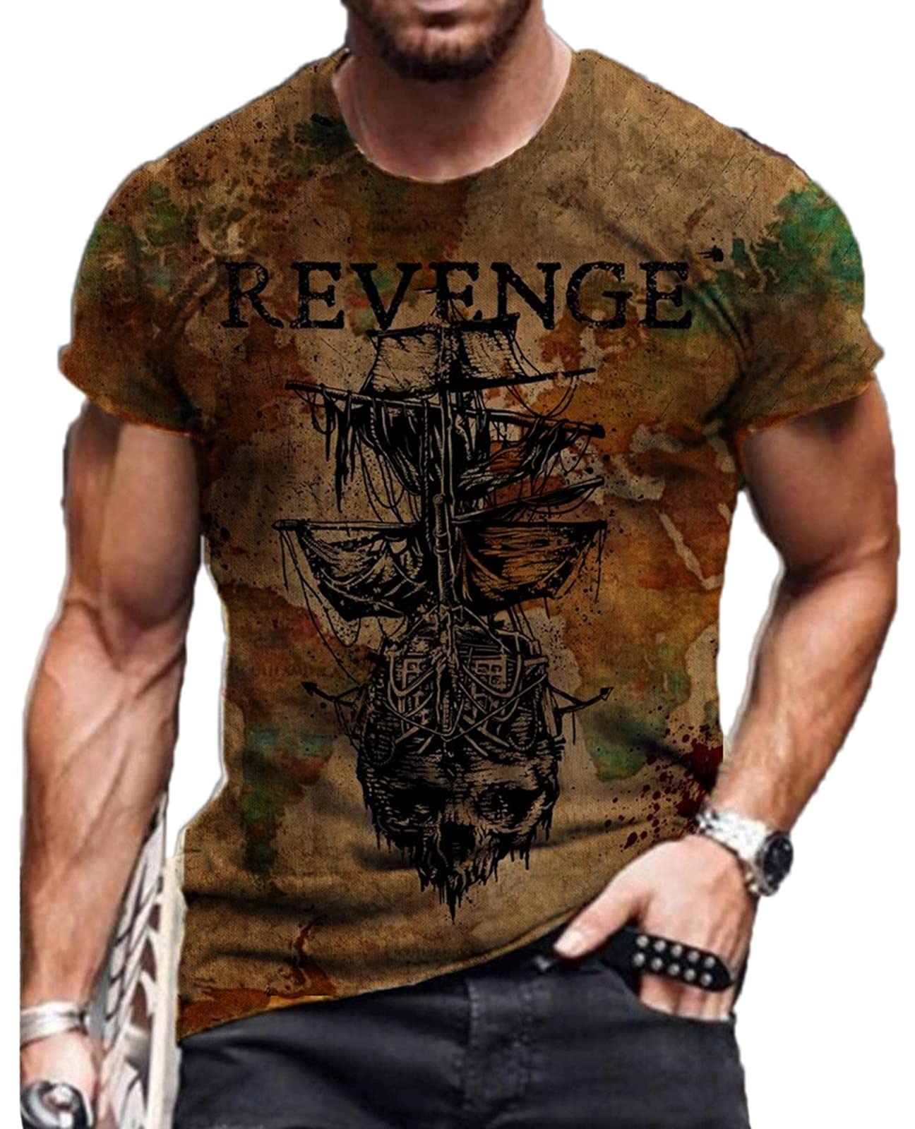 oneforus Men Fashion Print T-Shirts Retro Viking Pirate Crew Neck Short Sleeve T-Shirts Khaki