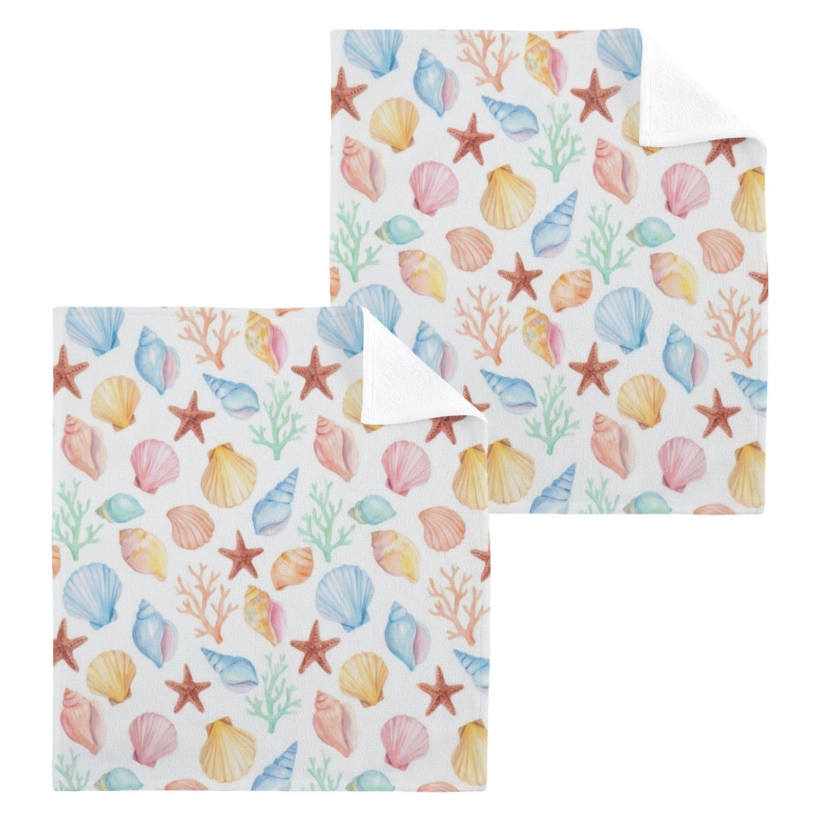 BOESI Watercolor Coral Seashell 12x12in Cotton Washcloth,Face Towel