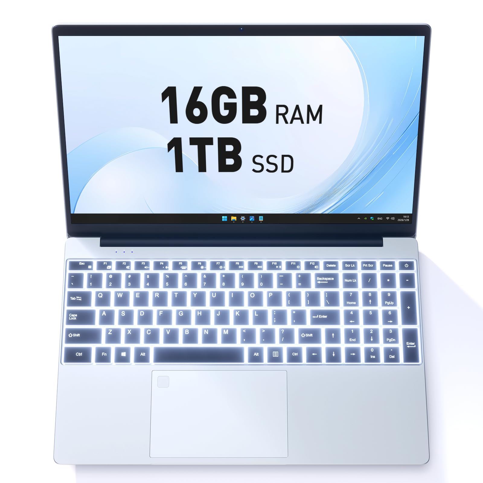 15.6" Laptop Computer Notebook, 4-Core N95 Processor, FHD Display, Backlit Keyboard, Fingerprint, Webcam, Bluetooth, WiFi, Win 11 Pro, 10TB Upgradeable, T152A, 16GB RAM, 1TB NVMe SSD, Silver