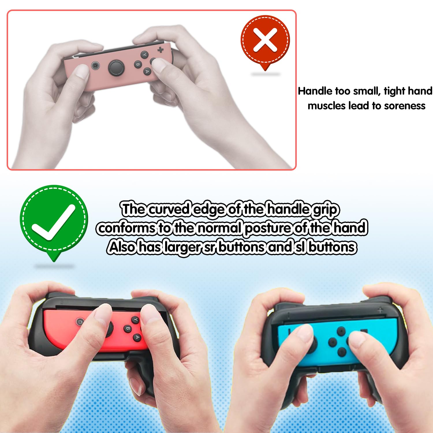 Boîtier de poignées de Jeux 2 pièces, Kit de Manettes en ABS pour Contrôleur en ABS Poignée, Noir Manette de Jeu Grips, Controller Confortable Réduisant Fatigue pour Switch
