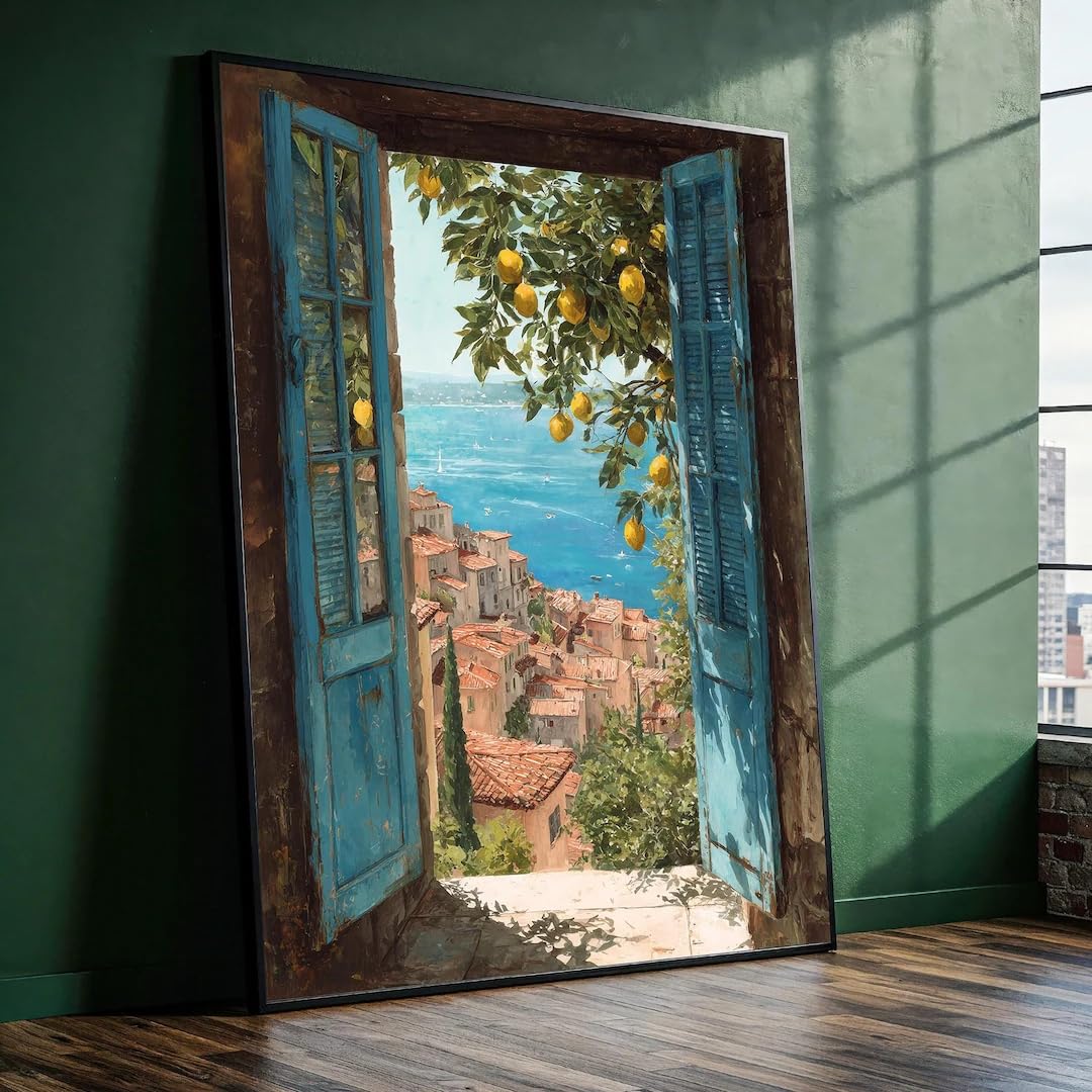 XBTYKPB Mediterranean Window View Art - Coastal Village Canvas Print - Lemon Tree Balcony Decor-Summer Seaside Wall Art Painting(40x60cm/Frameless)