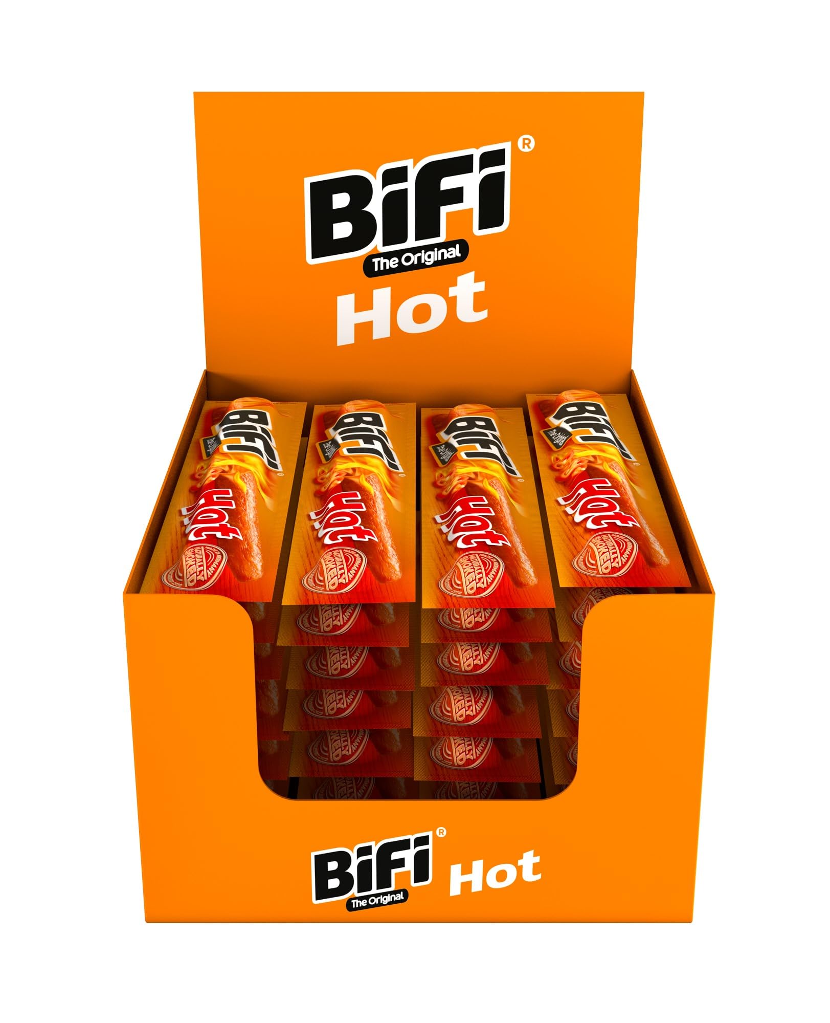 BiFi Original Tiras de salami picante, paquete de 40, 40 x 20 g, salchichón desecado para comer sobre la marcha, al aire libre, pimienta, cilantro y ajo, caja óptima para aperitivos