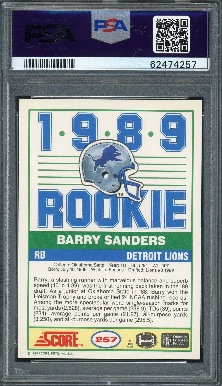 Barry Sanders 1989 Score Football Rookie Card RC #257 Graded PSA 7