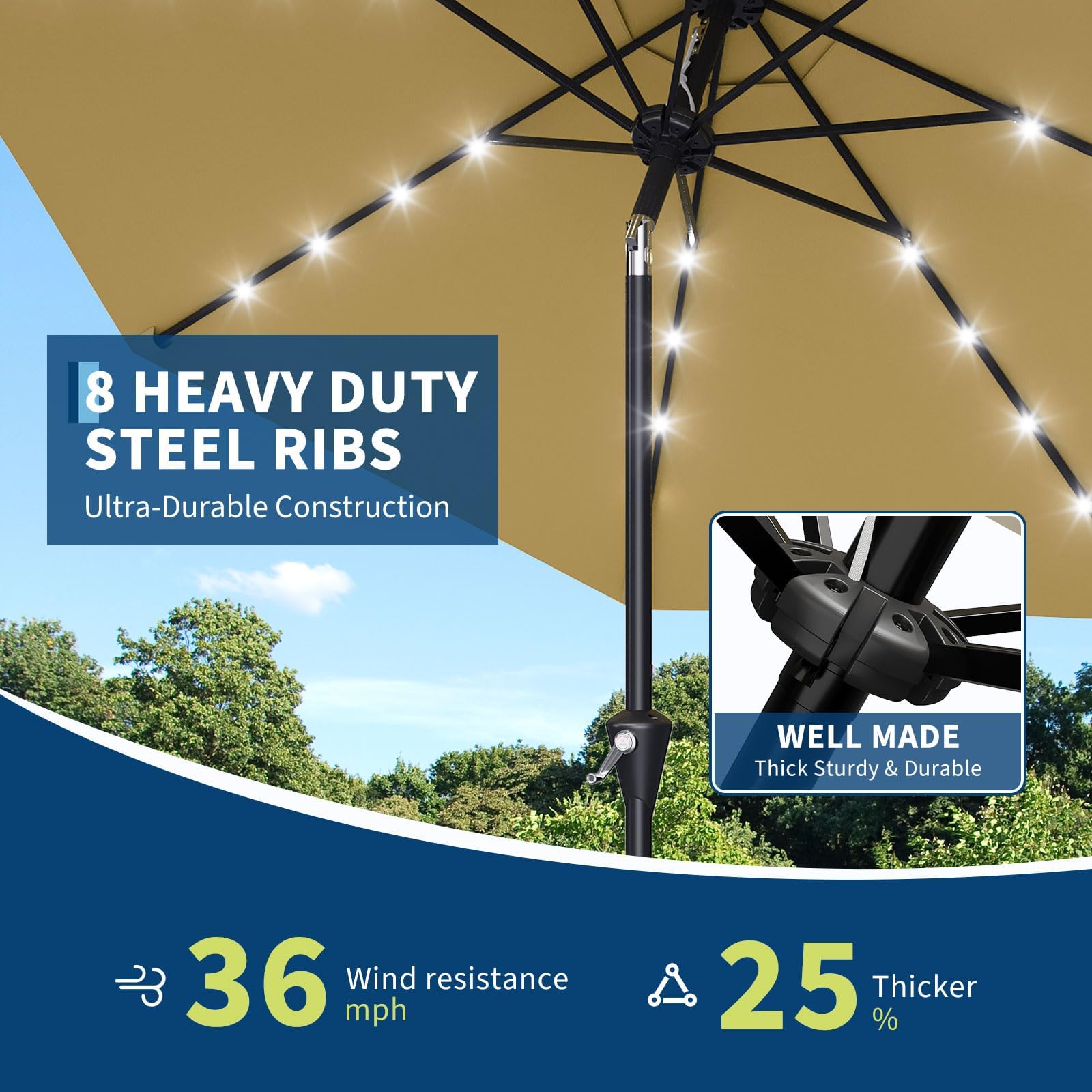 Solar-Sonnenschirm 305 cm, 32 LED-Leuchten solarbetrieben, UV-Schutz 50+, wasserabweisend, Kurbel, neigbar, 8 robuste Eisenrippen, Marktschirm für Terrasse, Pool, Garten, Bräunen