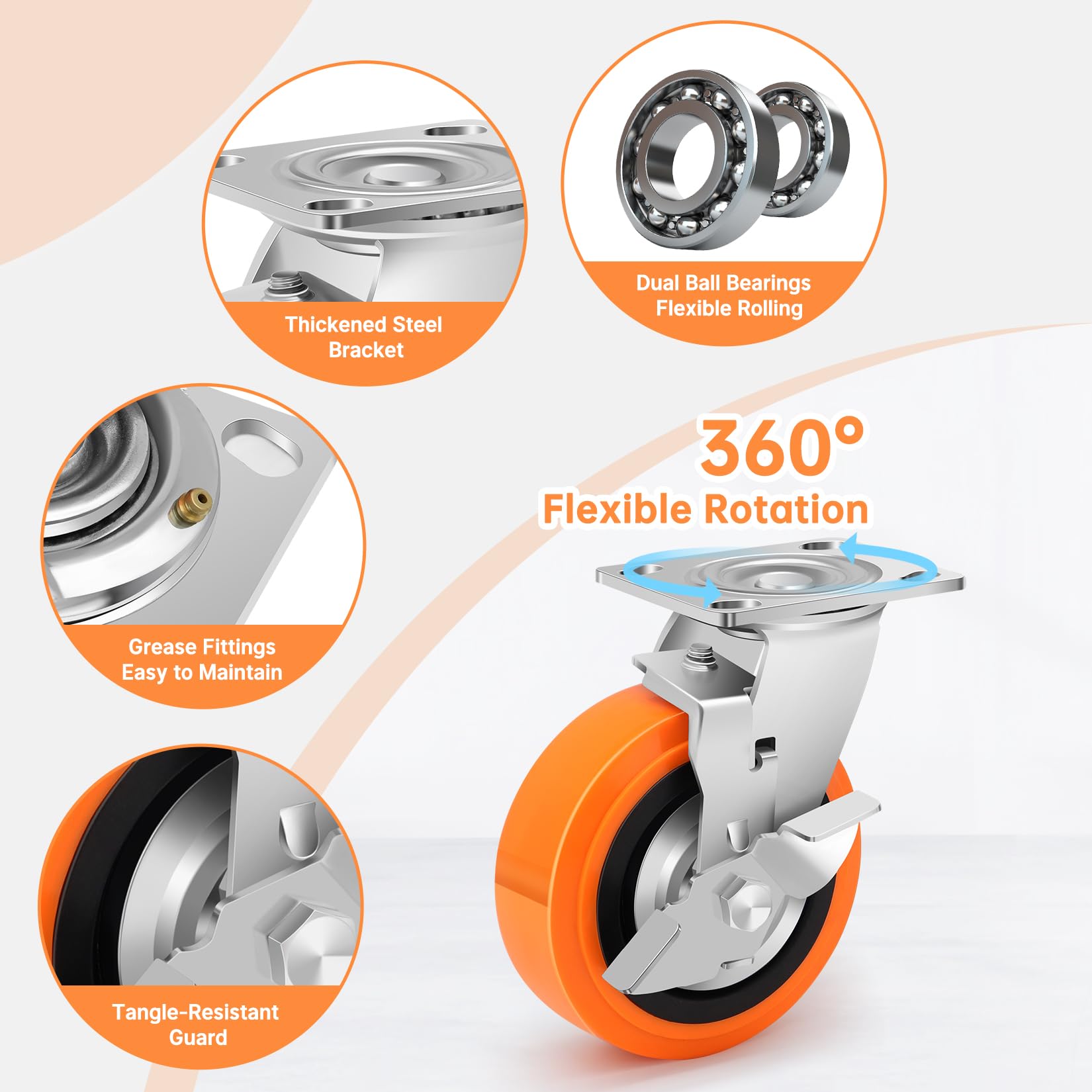 150mm Poliuretano Ruote per Carrello con Freno, Industriali Ruote per Carichi Pesanti Capacità 2000 Kg, Silenzioso, Resistente all'Usura Attrezzature Pesanti, Strumenti di Grandi Dimensioni