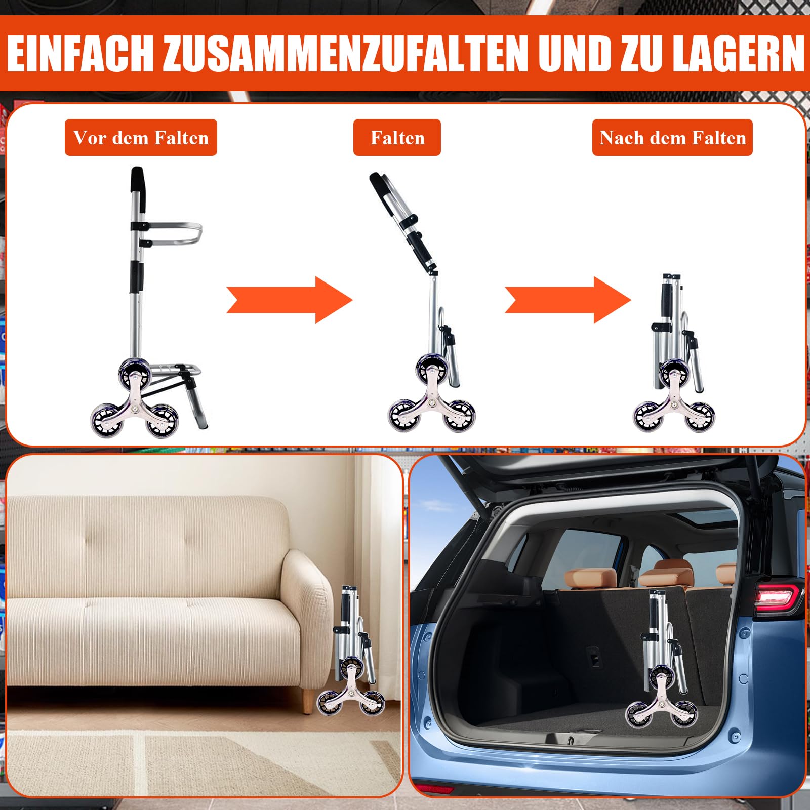 Einkaufstrolley Klappbar, 2 in1 Trolley zum Einkaufen, bis 50 kg, 56 l Kiste | Einkaufstasche mit 6 Rollen | Klappbarer Shopper | Klappbar Tasche abnehmbar | Einkaufsroller, Handwagen | Schwarz
