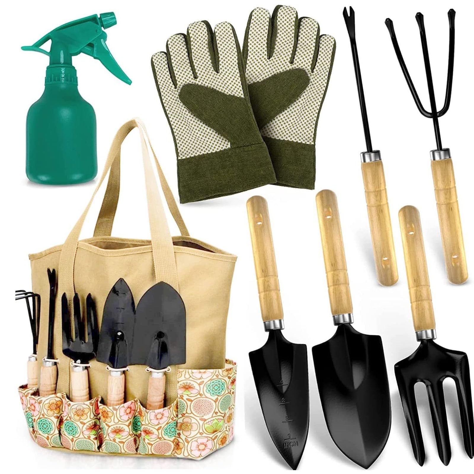 Set di attrezzi da giardinaggio, in acciaio inox resistente, con borsa per attrezzi da giardino resistente e manico ergonomico antiscivolo per uso esterno