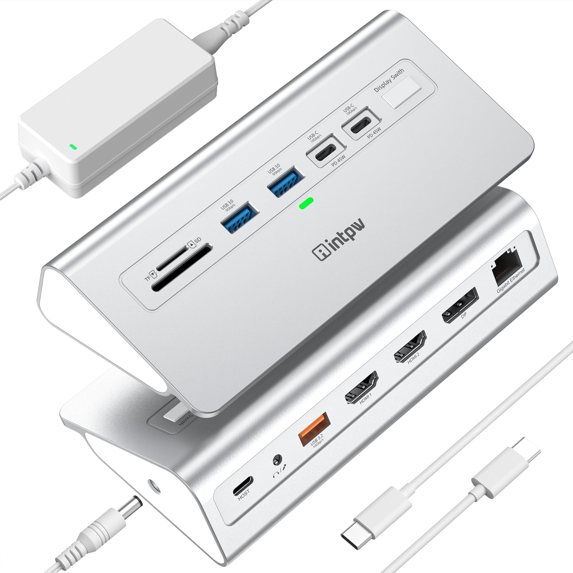 Docking station USB C 3 monitor, intpw 13 in 1 dock con doppia HDMI 4K60Hz, 8K DP, 10Gbps USB A/C, 45W PD, Gigabit Ethernet, SD/TF, audio, microfono, adattatore di alimentazione da 65 W + cavo da 3,9