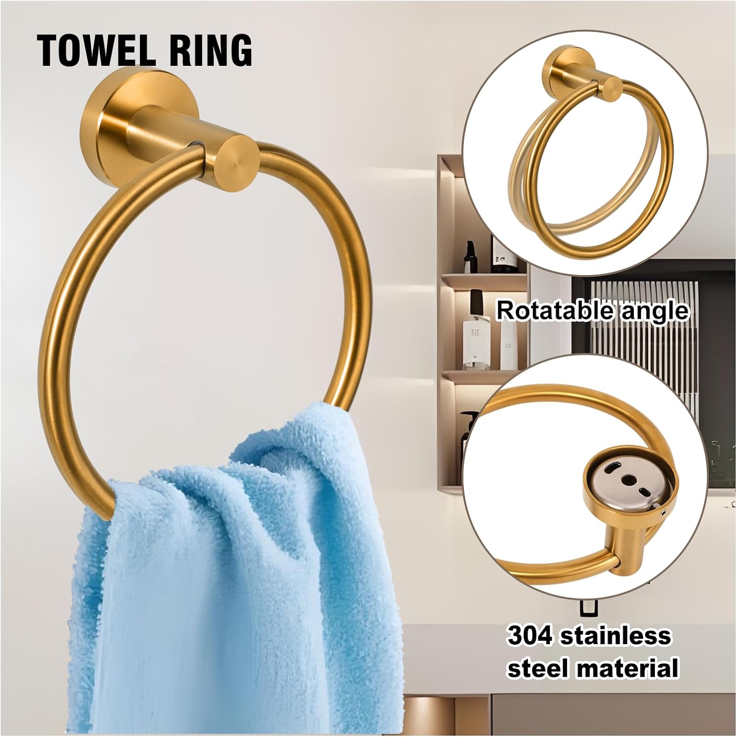 5-Piece Towel Racks for Bathroom, Stainless Steel Bathroom Accessories Set, Bathroom Towel Holder Wall Mounted, Sturdy Bath Towel Bar Set Bathroom Hardware Set (Brushed Gold) - Image 3