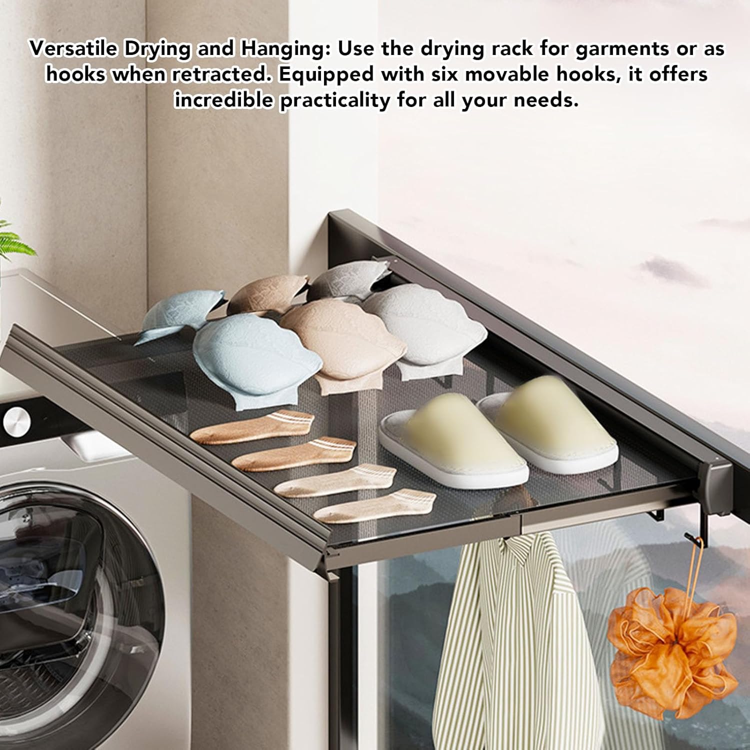 Laundry Drying Rack, 6 - Hook Retractable Net, Wall Mounted - Space Saving Design, Easy Install, Ideal for Bathroom Balcony Laundry Room