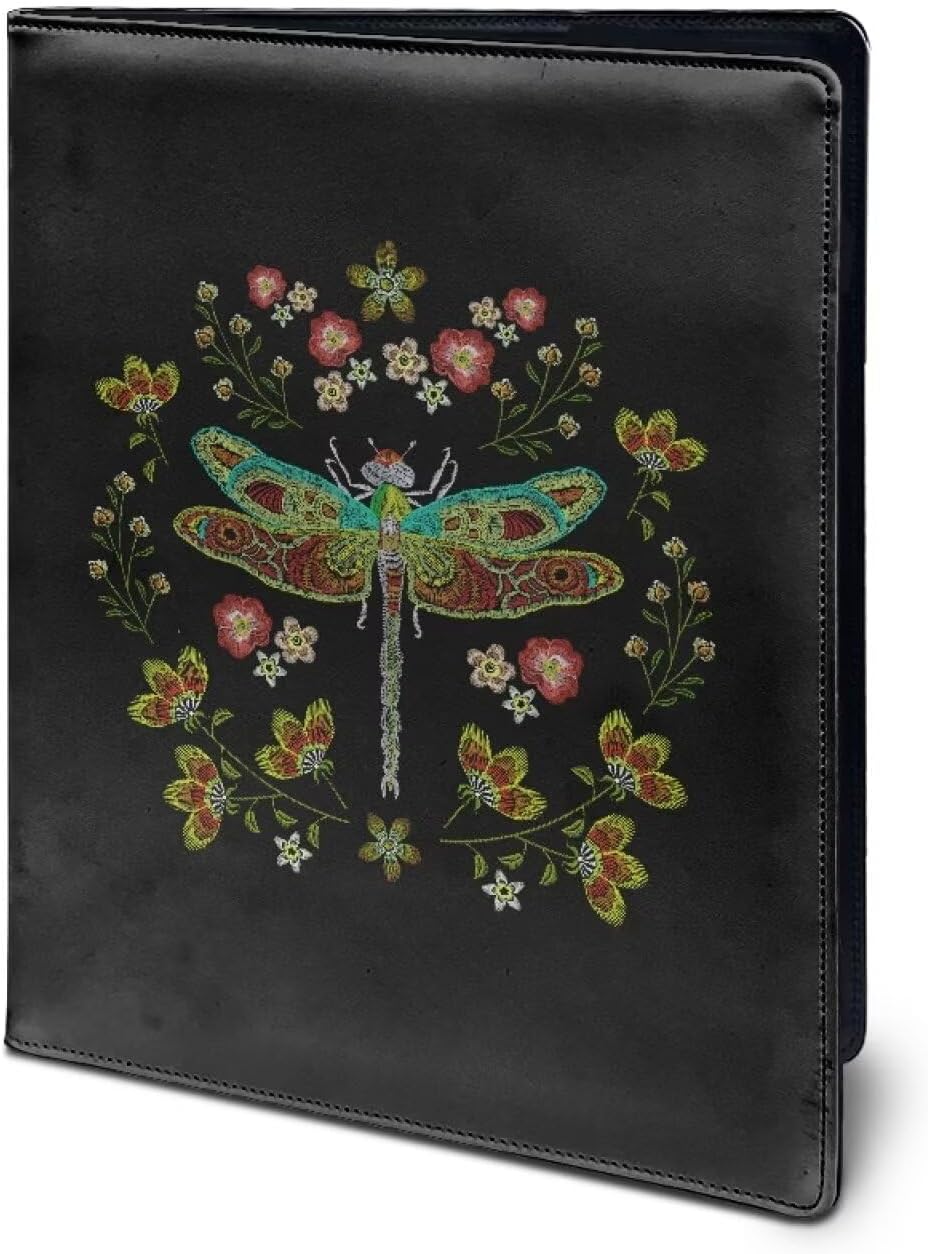 COEQINE Leather Office Folder Organization,Black Stain Resistant Padfolios with Dragonfly Floral Resume Storage for Women Men