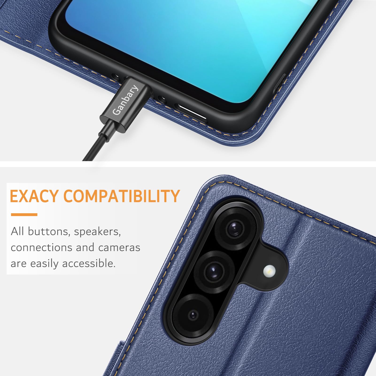 Ganbary etui do Samsung Galaxy A26 5G, wysokiej jakości z klapką ze skóry PU [pełna ochrona] [przegródki na karty] [podpórka], granatowe