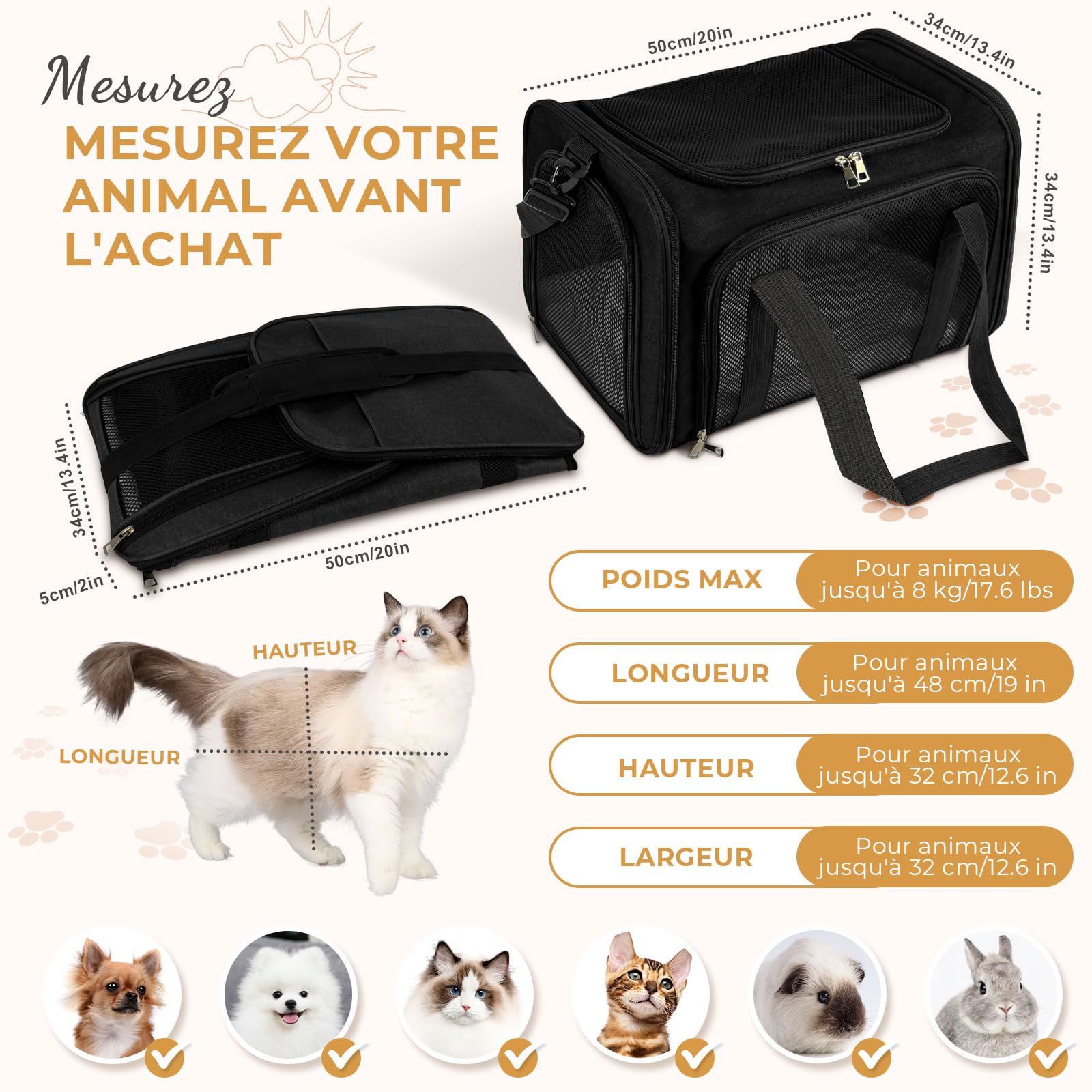 Sac de Transport Chat, Sac Transport Chat Chien avec Matelas Souple, Sac Transport Chien Respirant et Pliable, Caisse de Transport Chat Respirant pour Petit Chien,Chat (Noir, 50x34x34cm)