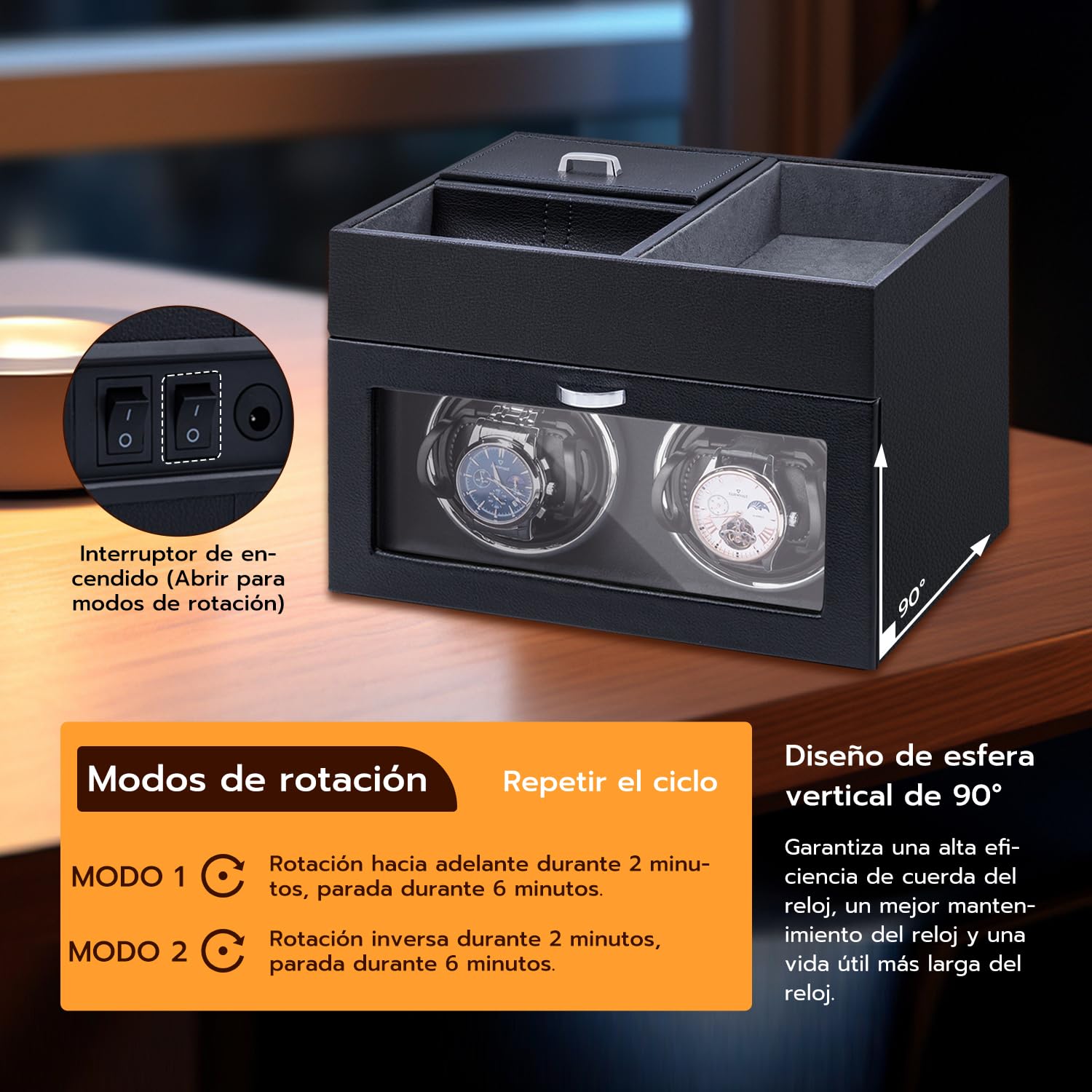 Mcbazel Abridor Automático de Relojes Multifuncional para 2 Relojes, con Pantalla LED de Exhibición y Caja de Almacenamiento de Joyería con Motor Silencioso de 1 Modo de Rotación Negro/gery