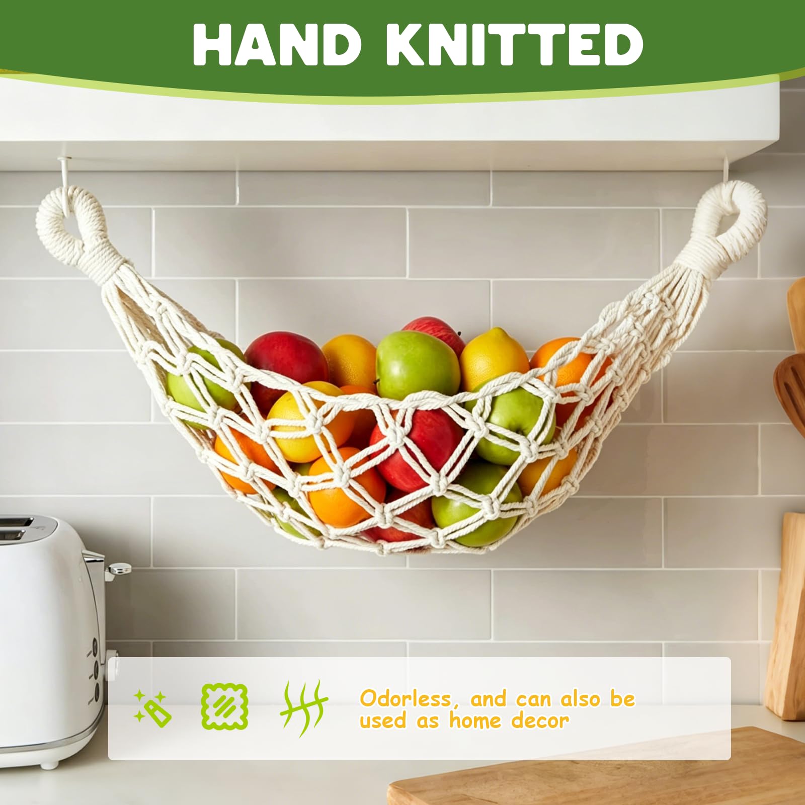 Obstkorb Hängend, Obstnetz zum Aufhängen, Hängekorb Obst mit Befestigungs Set Wandkorb zur Aufbewahrung von Frischem Obst mit Bohème Flechtmuster 61