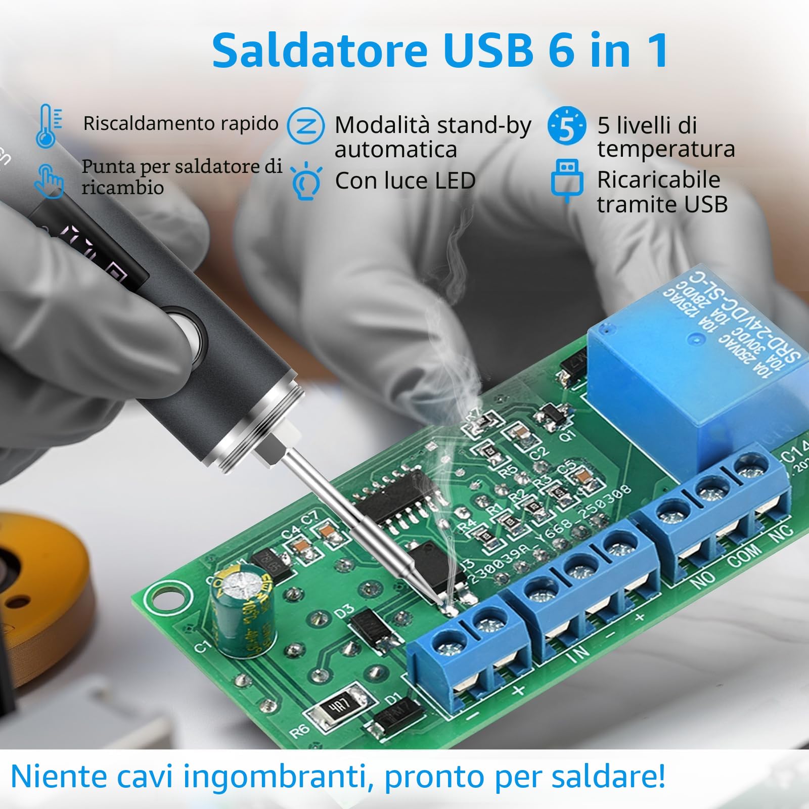 diymore Set saldatore a batteria, saldatore senza fili USB, temperatura regolabile in 5 modalità 260 ℃-420 ℃, 3 punte di saldatura, saldatore a batteria per riparazione di saldature