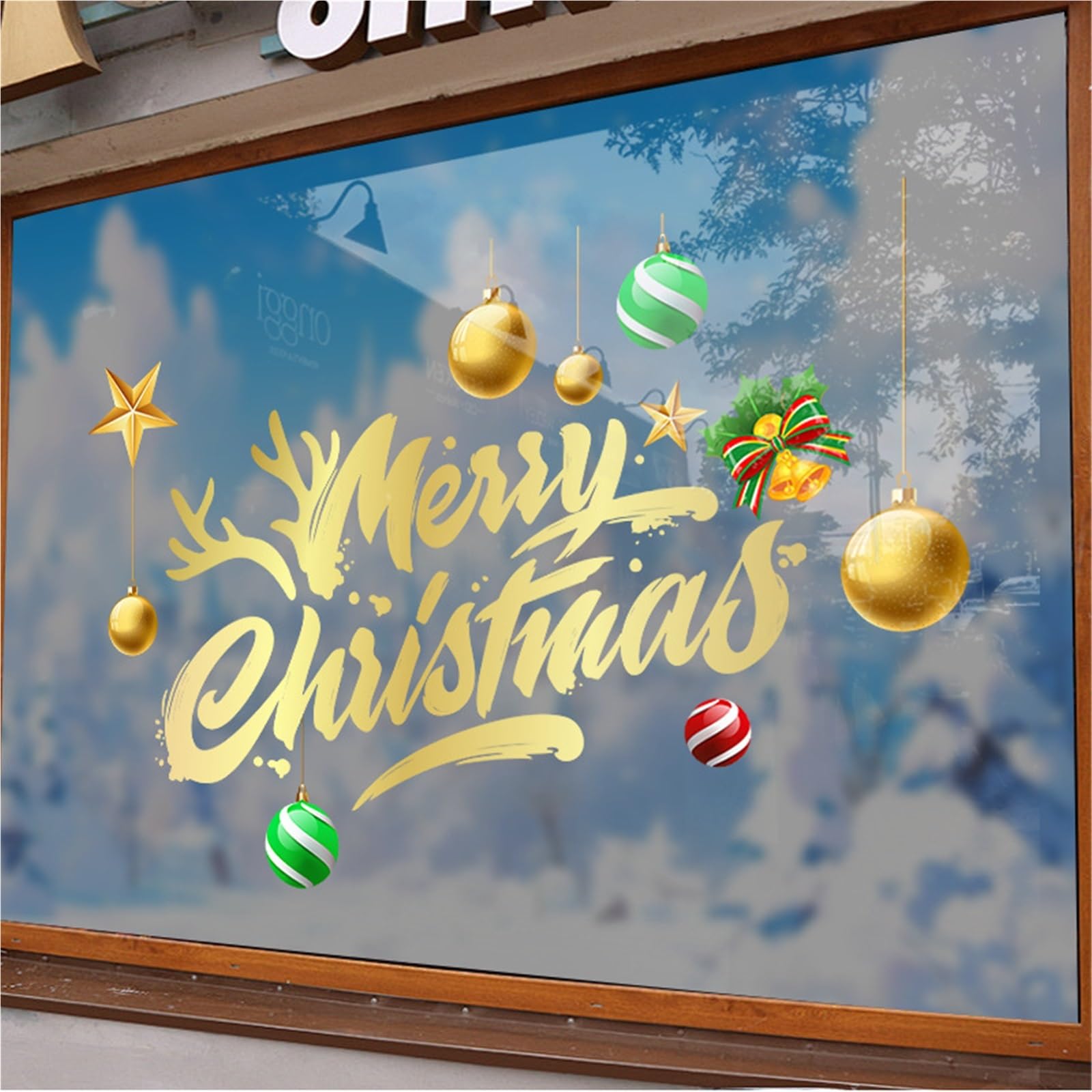 weihnachtsdeko fenster Fensteraufkleber „Merry Christmas“, doppelseitig, goldfarben, „Merry Christmas“, for Weihnachtsfeiern, Heimfenster selbstklebend(XXL)