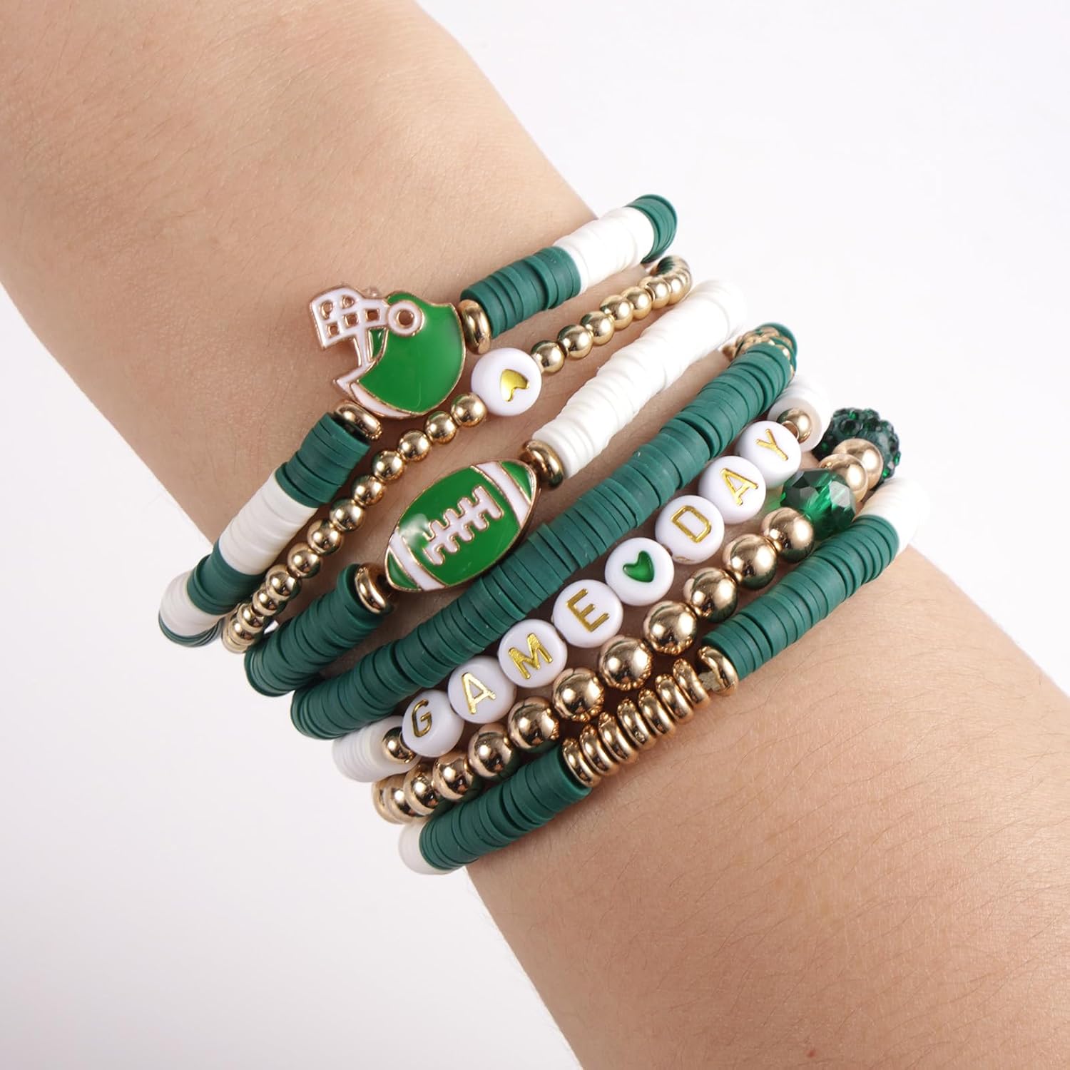 7 Pcs Game Day Football Charm Bracelets, Stackable Sports Jewelry for Women Rugby Sport Friendship Bracelets for Mom & Dad Football Fan Gift Team Spirit Accessories