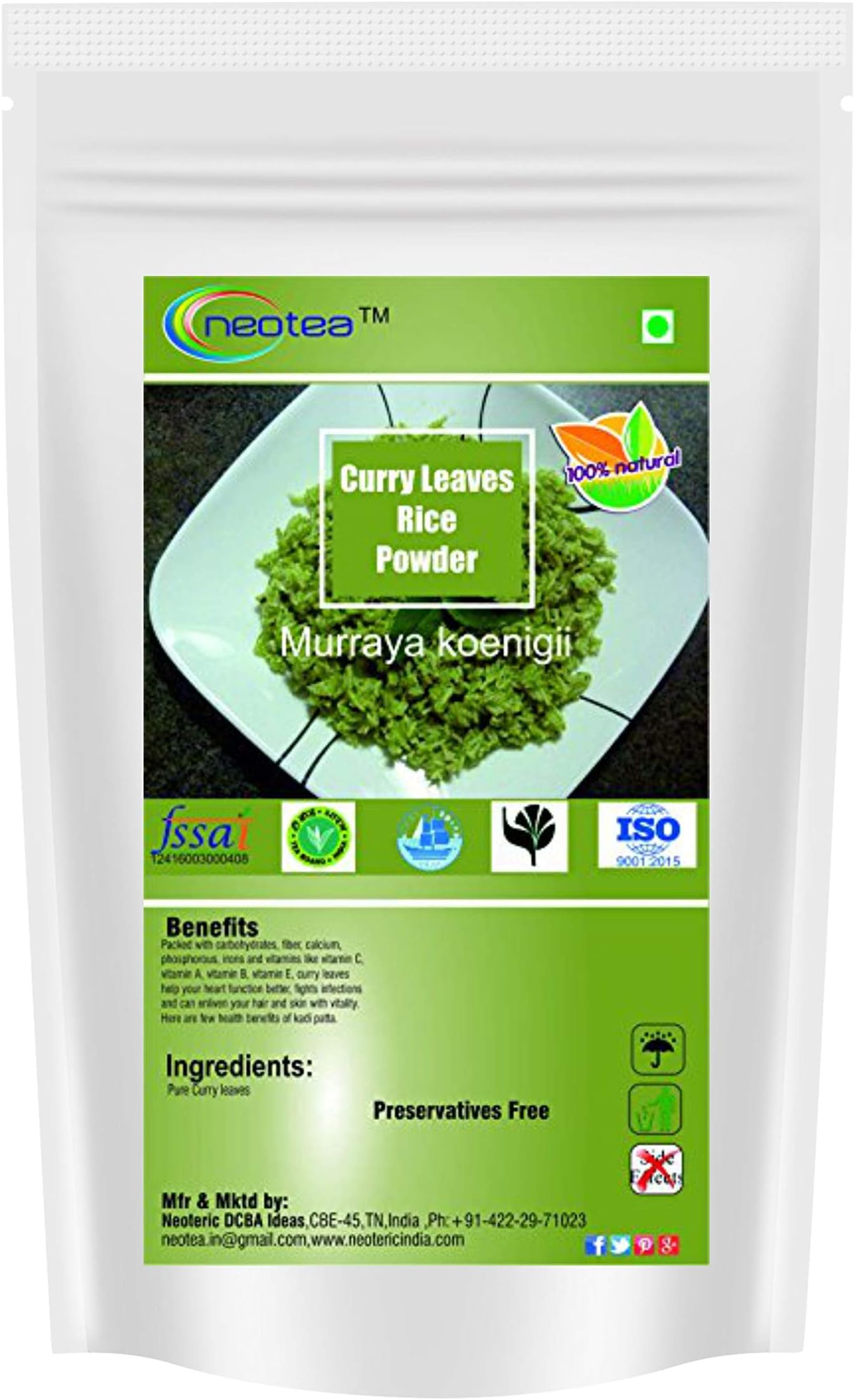 Neotea Curry Leaves Rice Powder Gandhabevu Kari Patta Bergera Koenigii, Karuveppilai Kadi Patta, 200 G