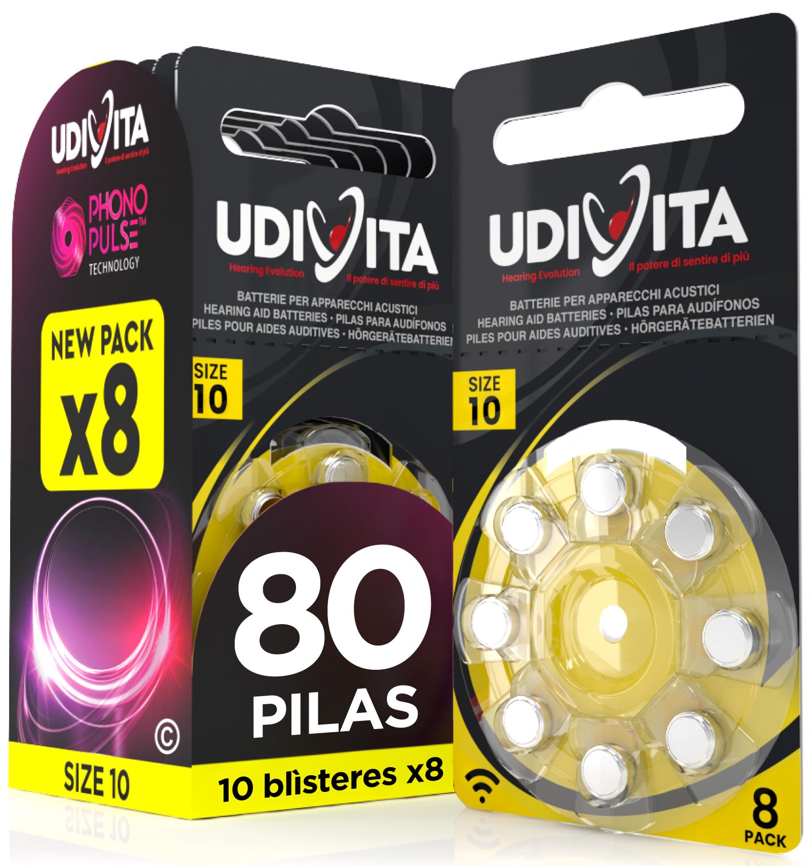 80 Pilas para Audífonos Tamaño 10 Udivita PR70 (Amarillo) Zinc-Aire Hearing Evolution Tecnología Phono Pulse - 10 Blísteres de 8 Pilas