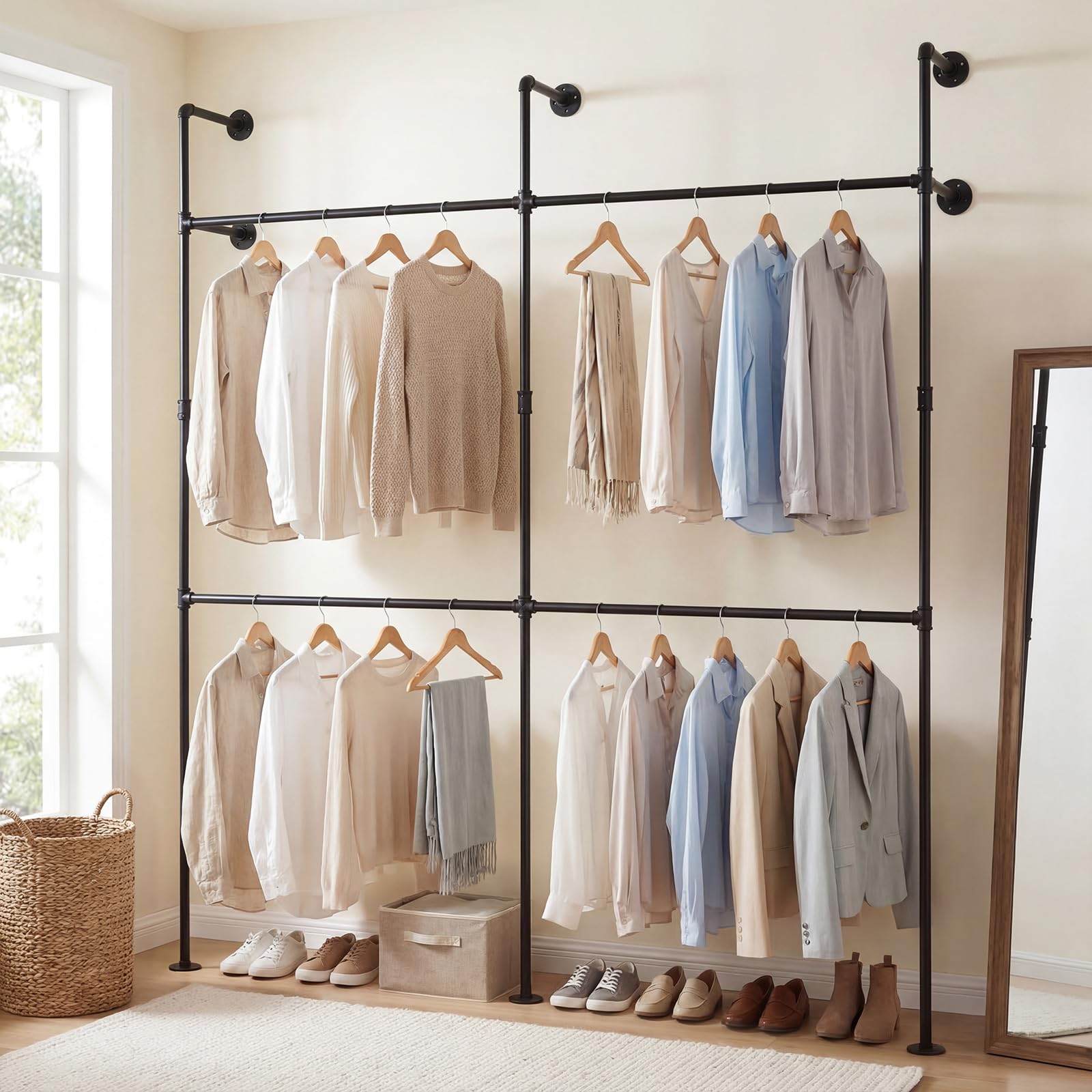 COSTWAY Heavy Duty Clothes Rail, Wall-Mounted Clothes Rack Open Wardrobe Organiser with Hanging Rails, Industrial Metal Garment Coat Hanger Walk-in Closet System for Bedroom (Black, 3 Poles 4 Bars)