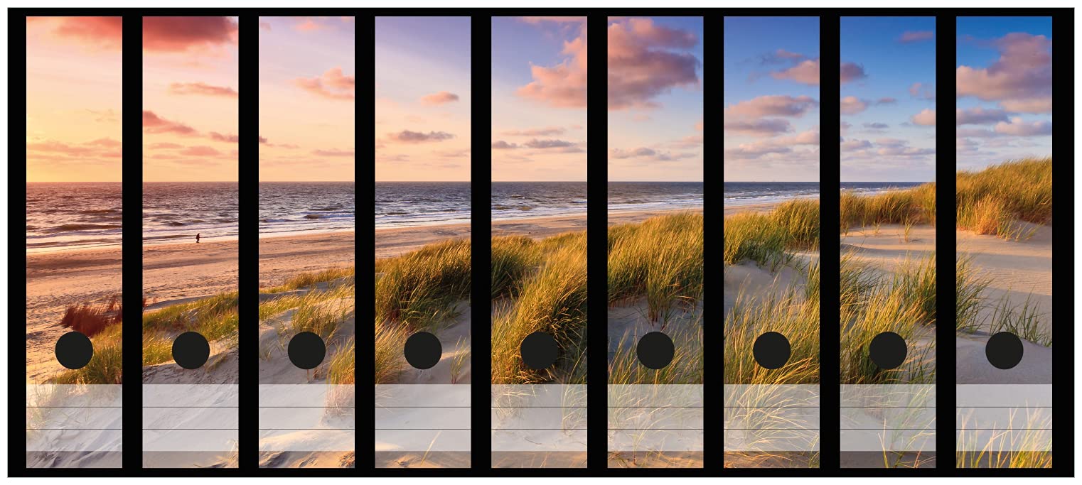 Wallario Ordnerrücken Sticker Abendspaziergang am Strand - Sonnenuntergang über dem Meer - Größe 9 Stück, Rückenschilder für 9 breite Ordner, Klebeetiketten