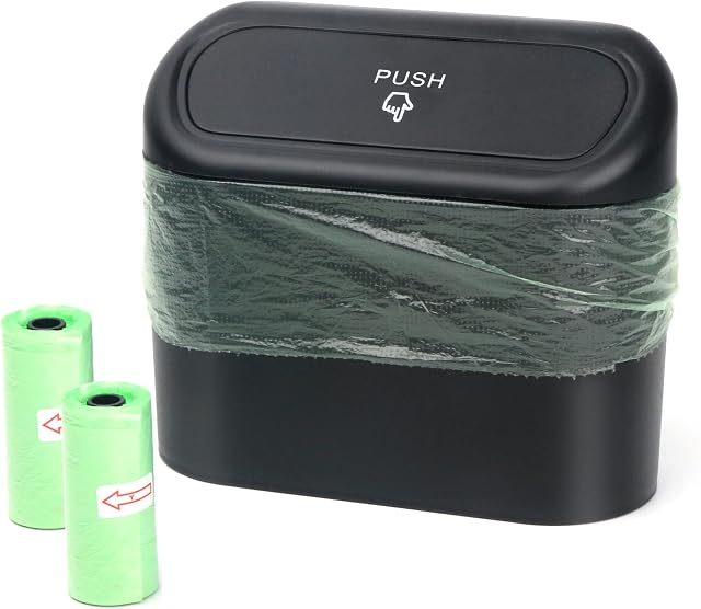 Car Trash Can, Mini Car Accessories with Lid and 40pcs Trash Bag, Cute Car Organizer Bin, Small Garbage Can for Storage and Organization (6.3x3.3x5.5IN) (Black Trash can)