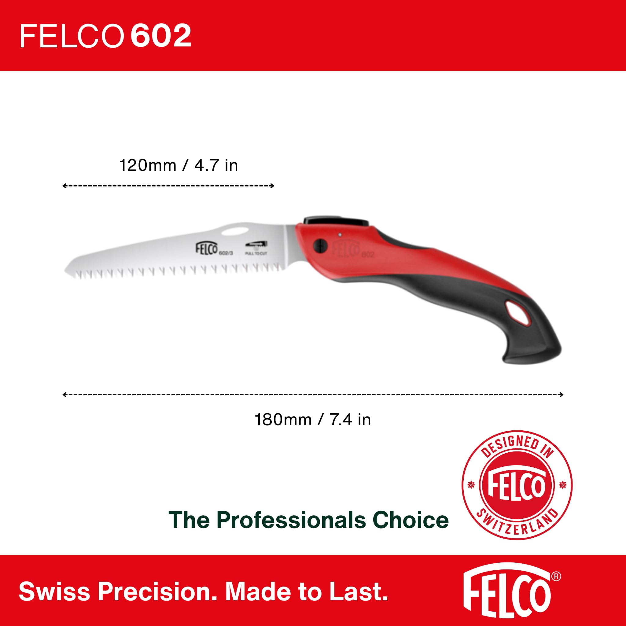 FELCO 602 sierra plegable para jardín y poda, hoja recta 160 mm | Hoja recta 160 mm y mango soft touch, para un corte rápido de la madera en la poda. Swiss Made.