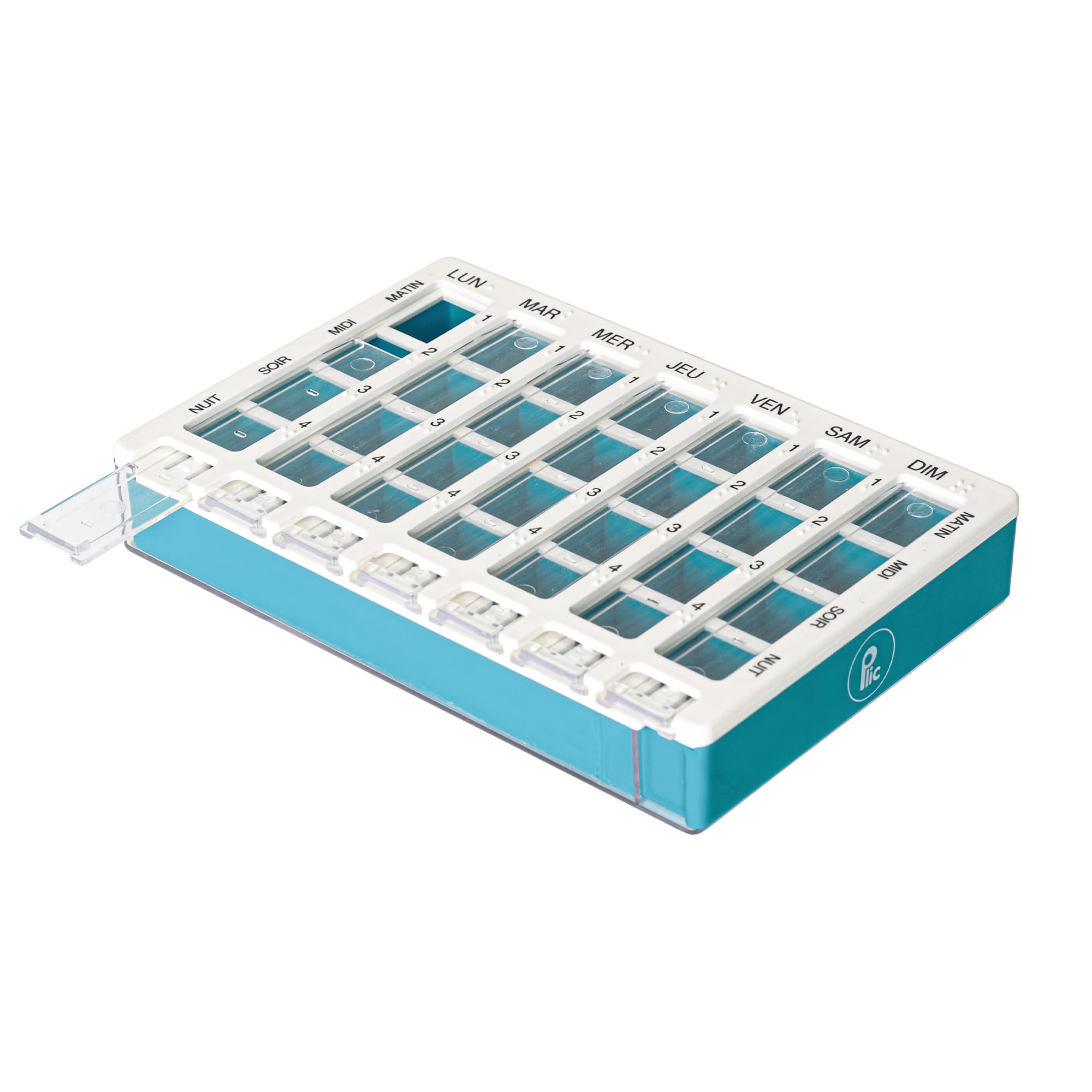 PLIC CARE - Pilulier Ergonomique Hebdomadaire - 28 Compartiments avec Couvercles Sécurisés - Organisation Facile des Médicaments - Compact & Pratique