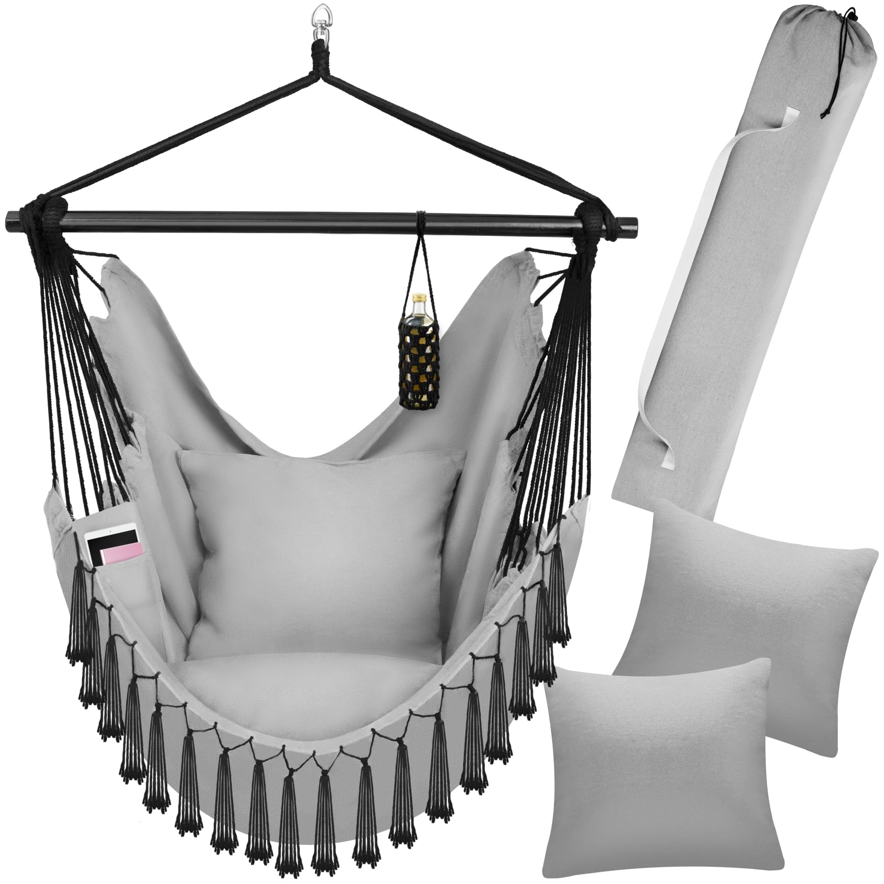 tectake® Hanging Chair in Boho Hammock Style with Tassels, Thick Cushions, Breathable Fabric, Side Pocket & Drink Holder, Incl. Carrying Bag - Durable Swing Chair for Indoor & Outdoor Use - Grey