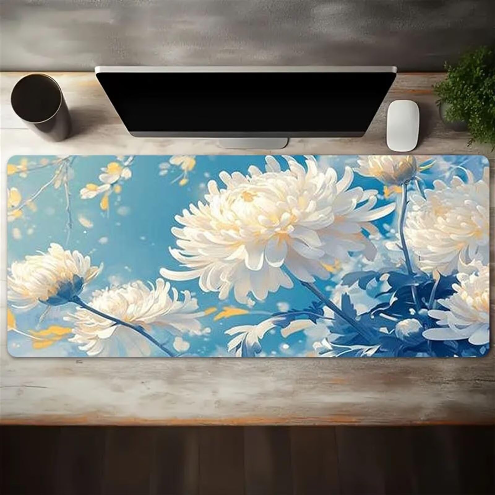 Grand Tapis de Souris de Jeu 900x400x3 mm Mouse Pad Gaming Chrysanthème Blanc Tapis de Bureau Antidérapant avec Bords Cousus pour Bureau, Études, Gamer