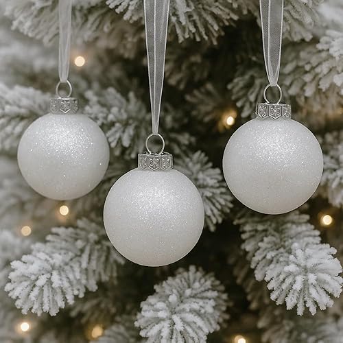 SLEETLY 30pc White Christmas Ball Tree Ornaments Holiday Xmas Decorations - Shatterproof Plastic 2.36 inch Glitter Snow Balls with White Ribbon Hangers and Snowflakes Set