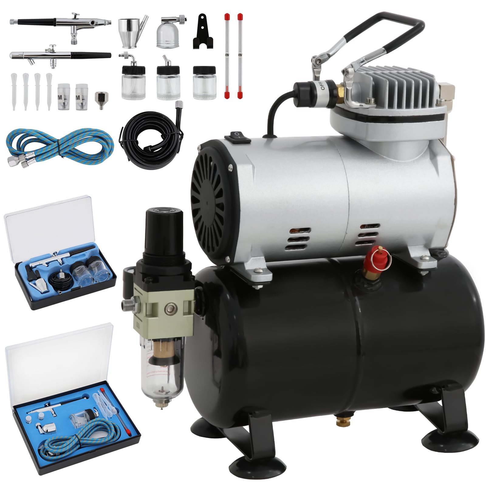 VELPEX Airbrush Kit with Air Compressor with 2pcs Airbrush Kit and 1pcs High Working Pressure Air Compressor, for Hobbies Crafts Nail Art Tattoos Cake Decorating Cosmetics Furniture refinishing