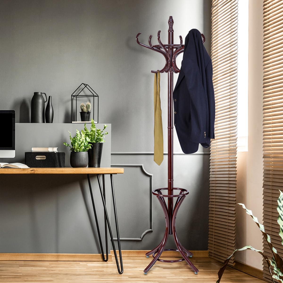 HOMASIS Attaccapanni da Terra, Appendi Abiti, Appendiabiti in Legno Massiccio con 12 Ganci, Mobile per Abiti, Cappelli, Stand Appendiabiti per Corridoio, Ingresso, Ufficio, 51 x 184 cm (Marrone)