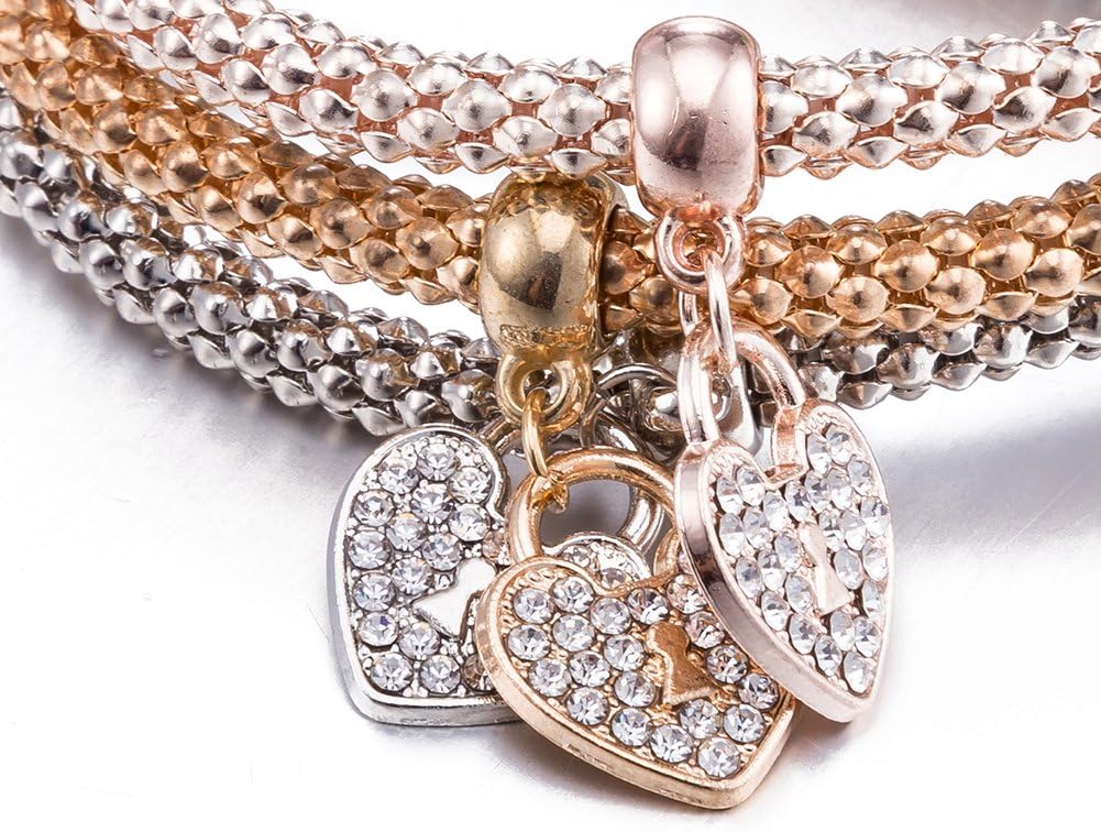 Cutesmile Fashion Jewelry Stretch Bracelets 3PCS Gold/Silver/Rose Gold Corn Chain Crystal Charms Multilayer Bracelets (Heart) - Image 2