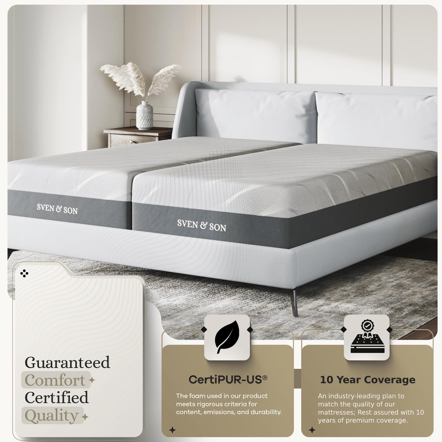 Sven & Son Hybrid Spring Mattress, CertiPUR-US Certified Foam, Fiberglass-Free, Made in the USA, 14 inch Medium Soft - Split King