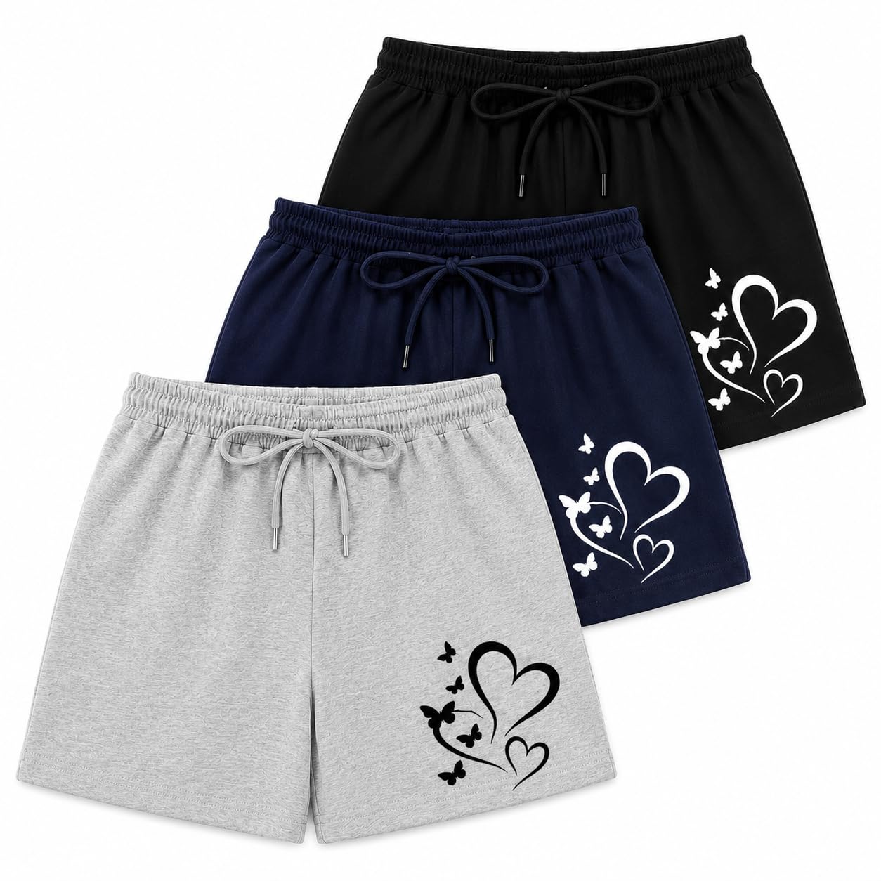 Women's Shorts with Heart with Butterfly Print, Drawstring (NO Pocket)-picture-47