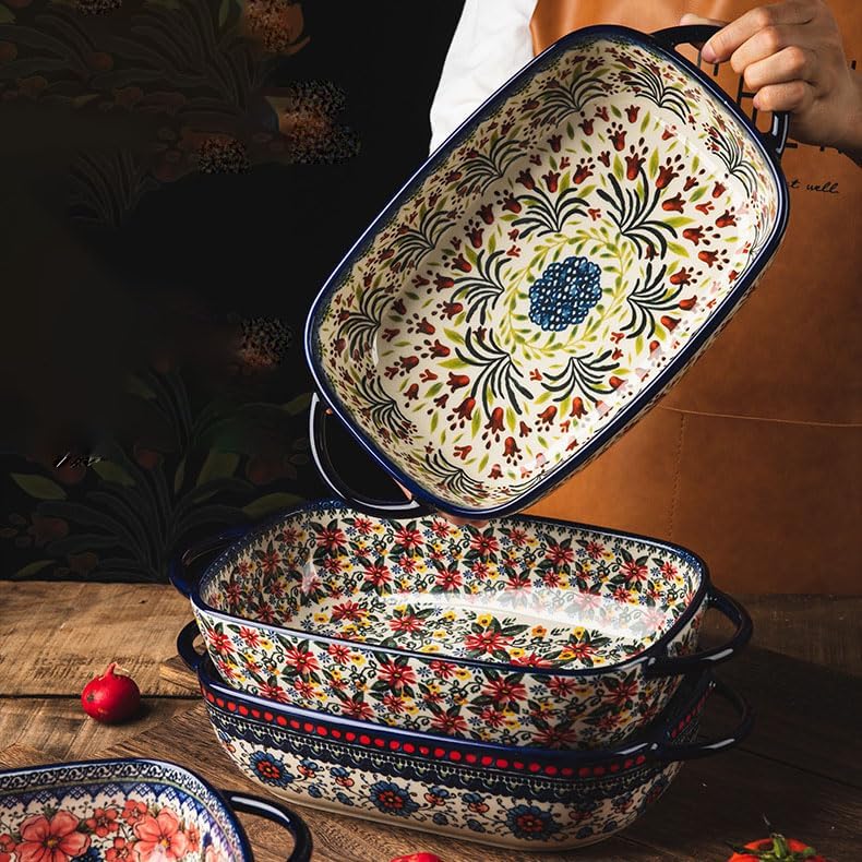 Bohemian Ceramic Large Bakeware with Double Handle, Rectangular Lasagna Pan Vintage Pastoral Baking Dish Porcelain Baking Pan for Kitchen Cooking Dinner,Microwave Safe 33.6X19X7.1CM C