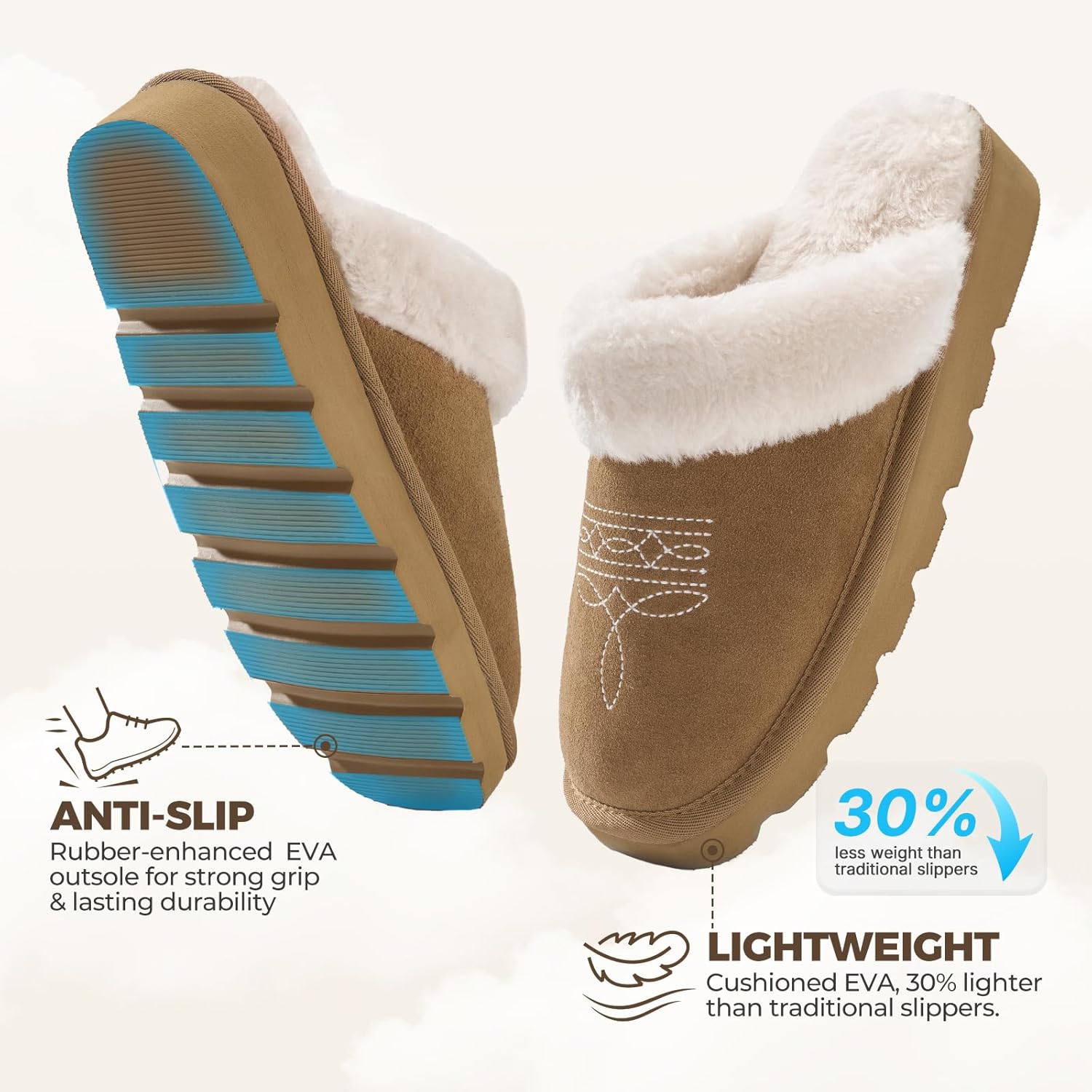 YOLIS Western Cowboy Boot Slippers, Fuzzy House Slippers for Women Memory Foam, Square Toe Cowgirl Slippers Suede Leather for Bedroom Indoor Outdoor - Image 5