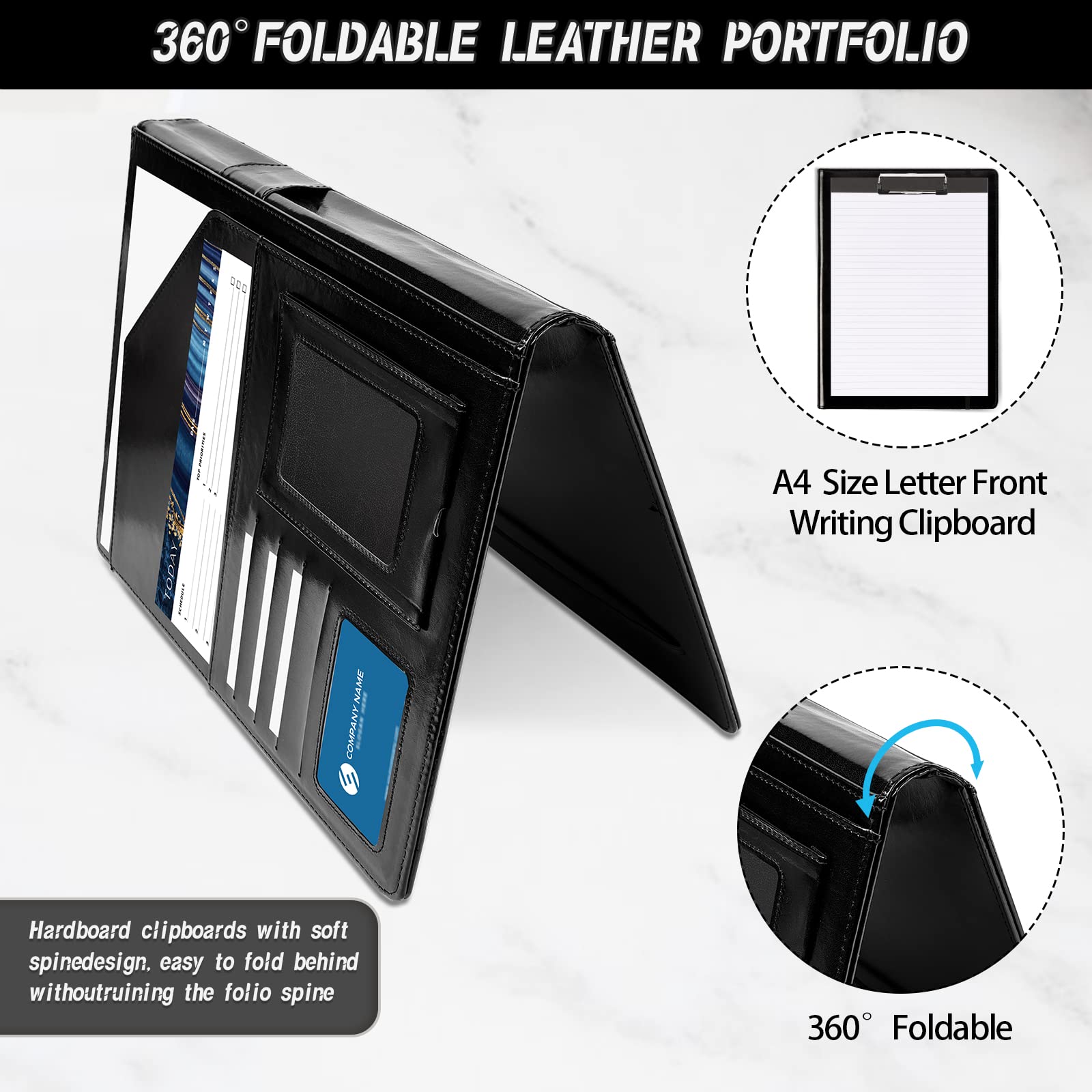 Ospelelf Leder Portfolio für Männer Klemmbrett Notizblock Business Schwarz Padfolio Flexible Portfolios