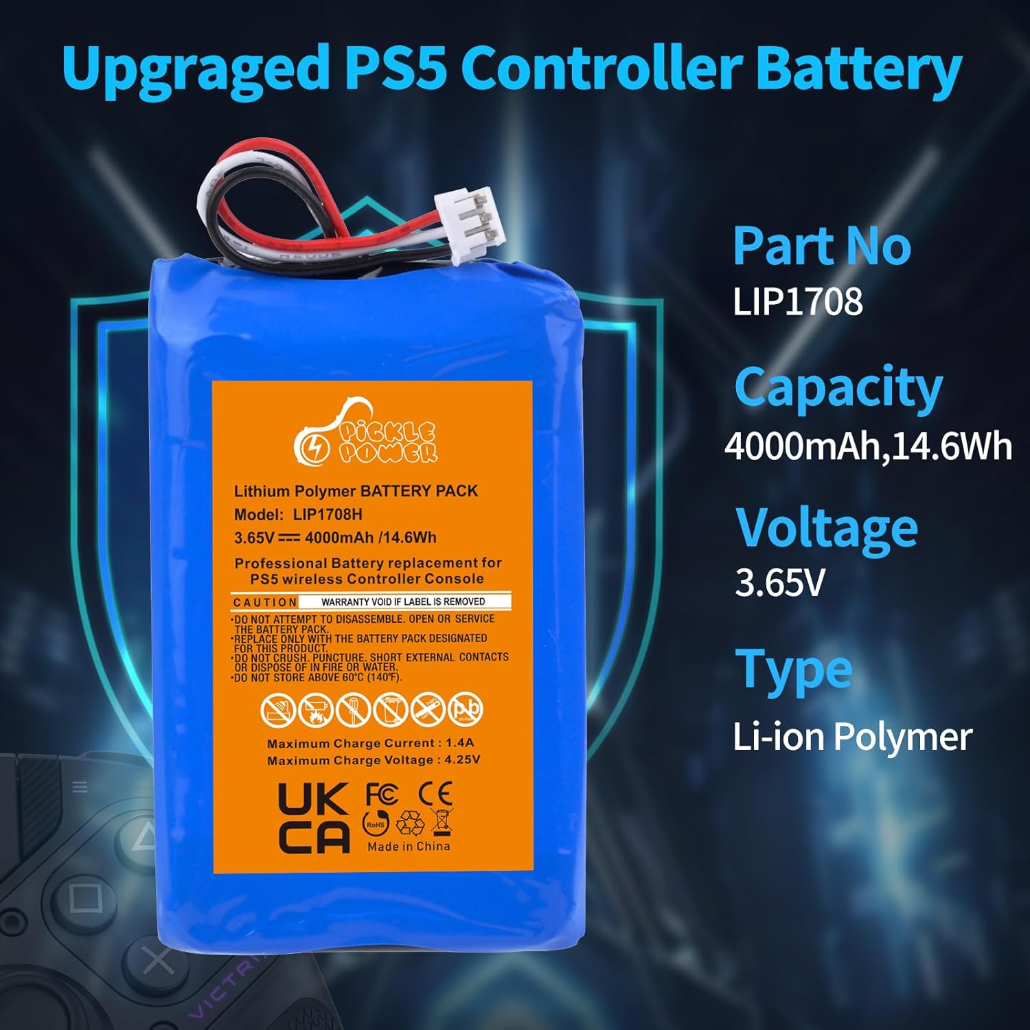 Pickle Power PS5 Controller Battery, 14600mWh Upgraded LIP1708 Battery for Sony PlayStation 5 PS5 DualSense CFI-ZCT1W Wireless Controller - Image 2
