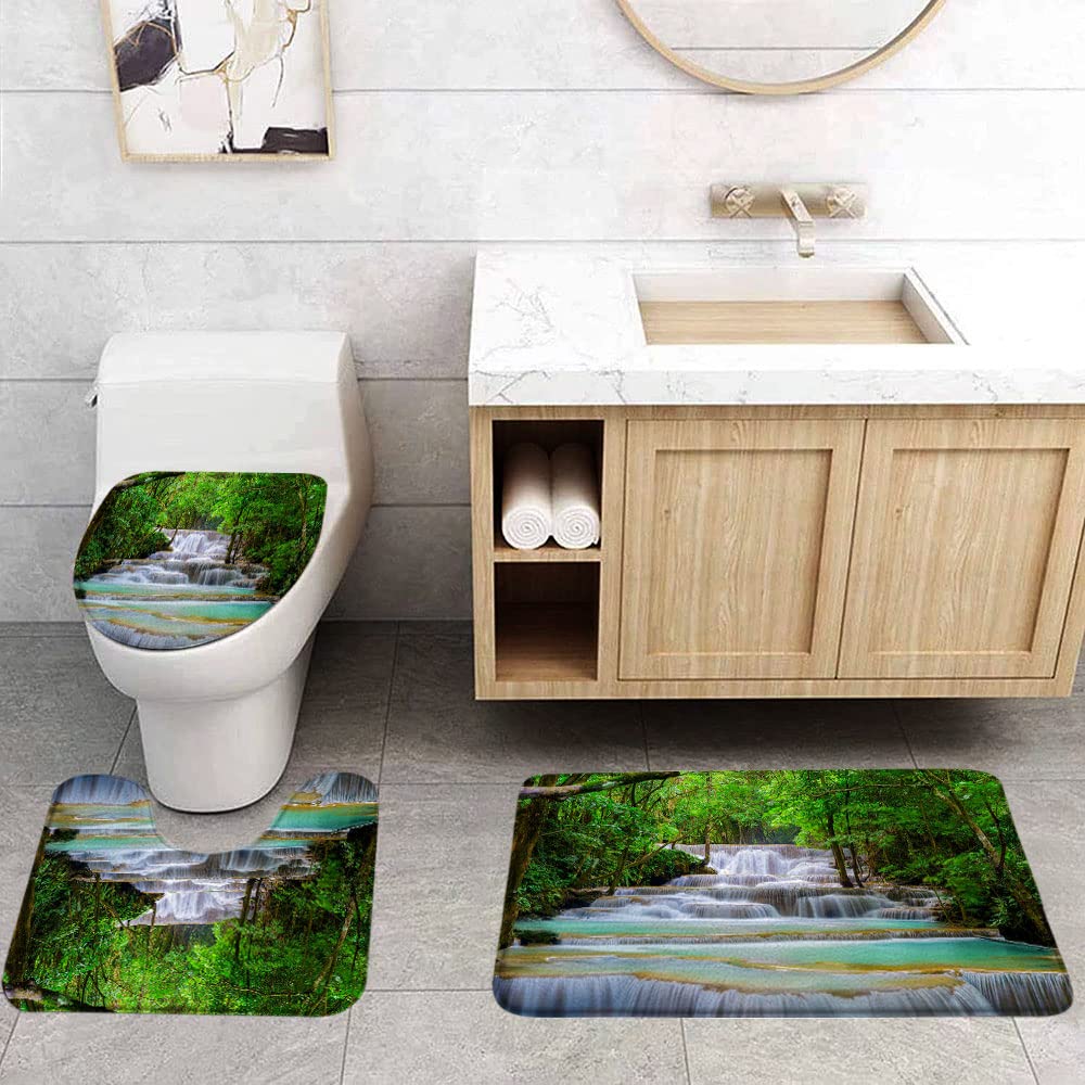 Waterfall 3 Pcs Bath Rugs Set,Green Forest Tropical Jungle Tree Plant Lake Mossy Rocks Spring Summer Nature Landscape Bathroom Kitchen Rug with 16