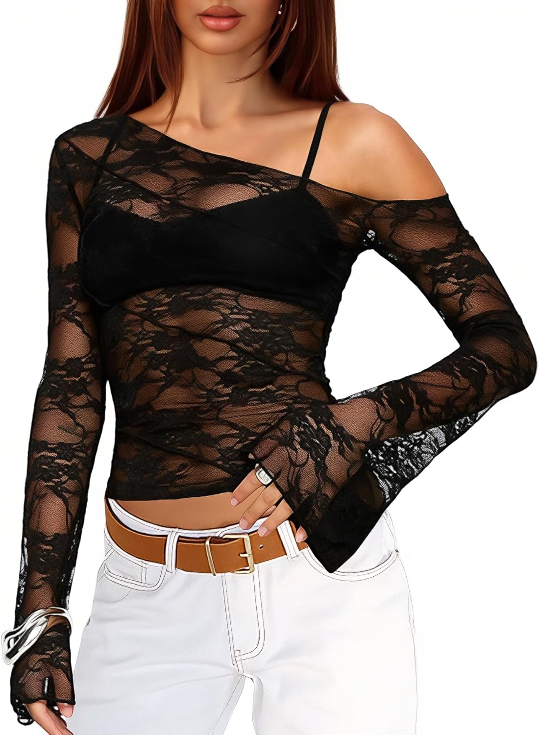 OZICERD Off The Shoulder Coquette See Through Sheer Mesh Lace Tops for Women Long Sleeve Going Out Tops Club Rave Outfits