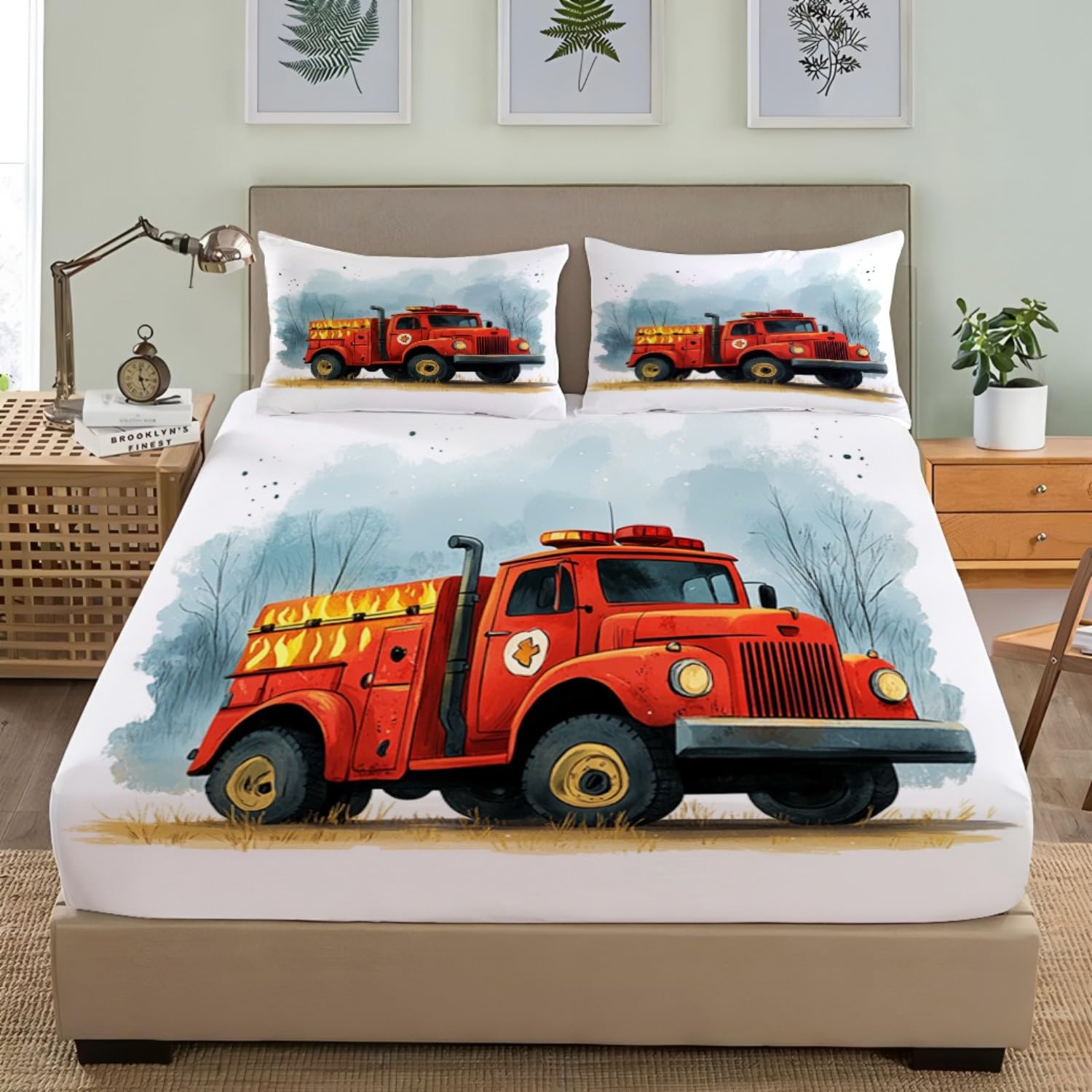 Drap Housse 200x200 cm Grand Bonnet 30 cm - Motif de Camion de Pompiers jungleier Linge de Lit 2 Personnes Doux et Confortable en Microfibre - Lot de 3 Draps Housses Rouge avec 2 Taie d'oreiller