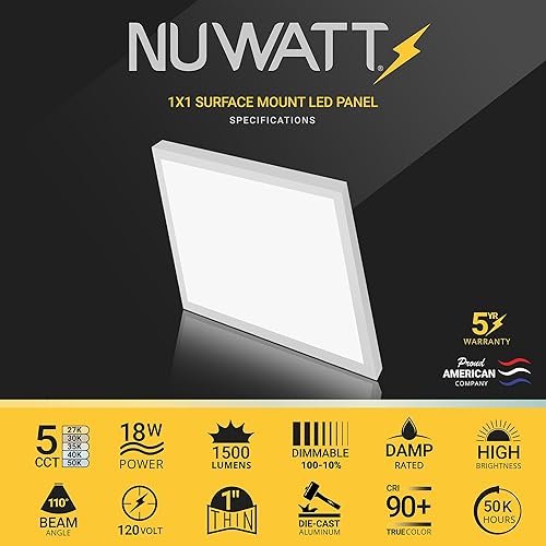 Miniatura 2 de NUWATT Paquete de 4, luz cuadrada LED de panel plano 1x1, 5CCT 2700K/3000K/3500K/4000K/5000K seleccionable, 1500LM 18W, controlador interno,