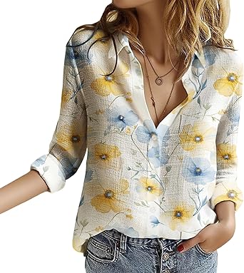 Button Down Shirts for Women Long Sleeve Floral Printed Shirts Collared Gauze Tops Business Casual Work Tops