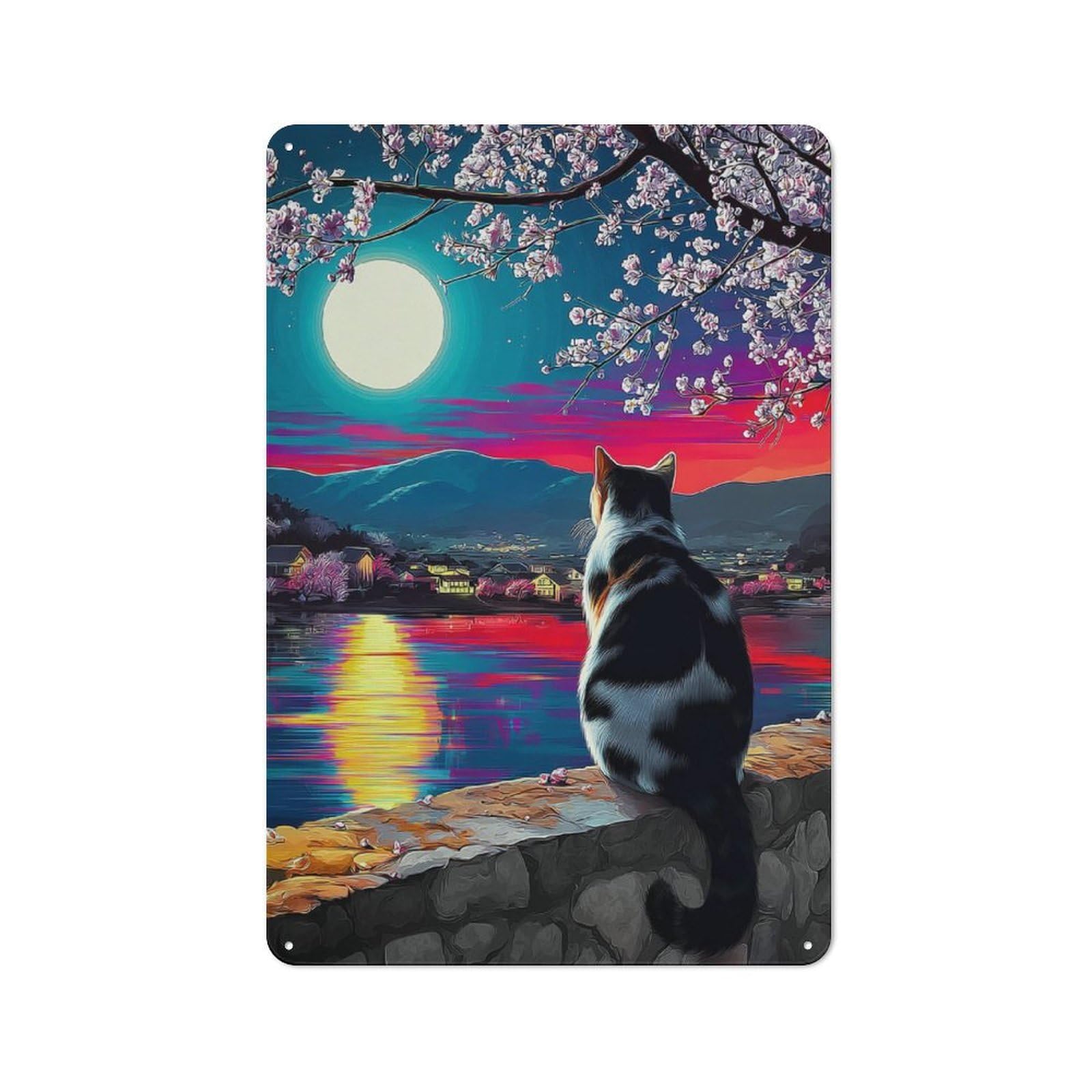 Junmoney Cat Watching Sunset By Lake Rustic Tin Sign 30X20cm, Vintage Porch Wall Decor For Conservatory, Home Bar Or Utility Room