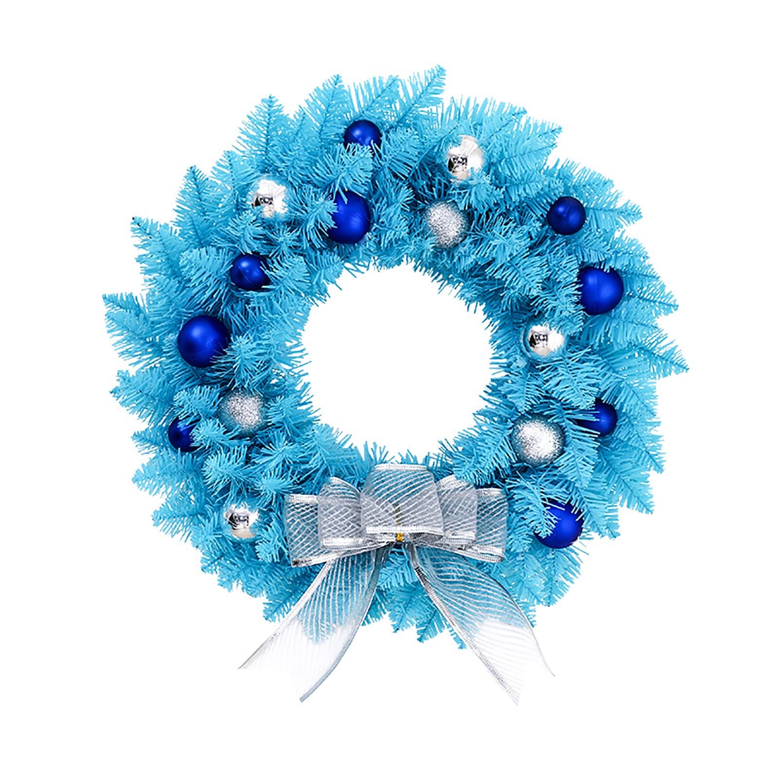 Blauer Weihnachtskranz, Adventskranz Künstlich mit Silbernen Kugeln und Silberner Schleife, für die Haustür, Winterkranz-Dekoration, Hauswand, Fenster, Kamin(60cm/23.6in)