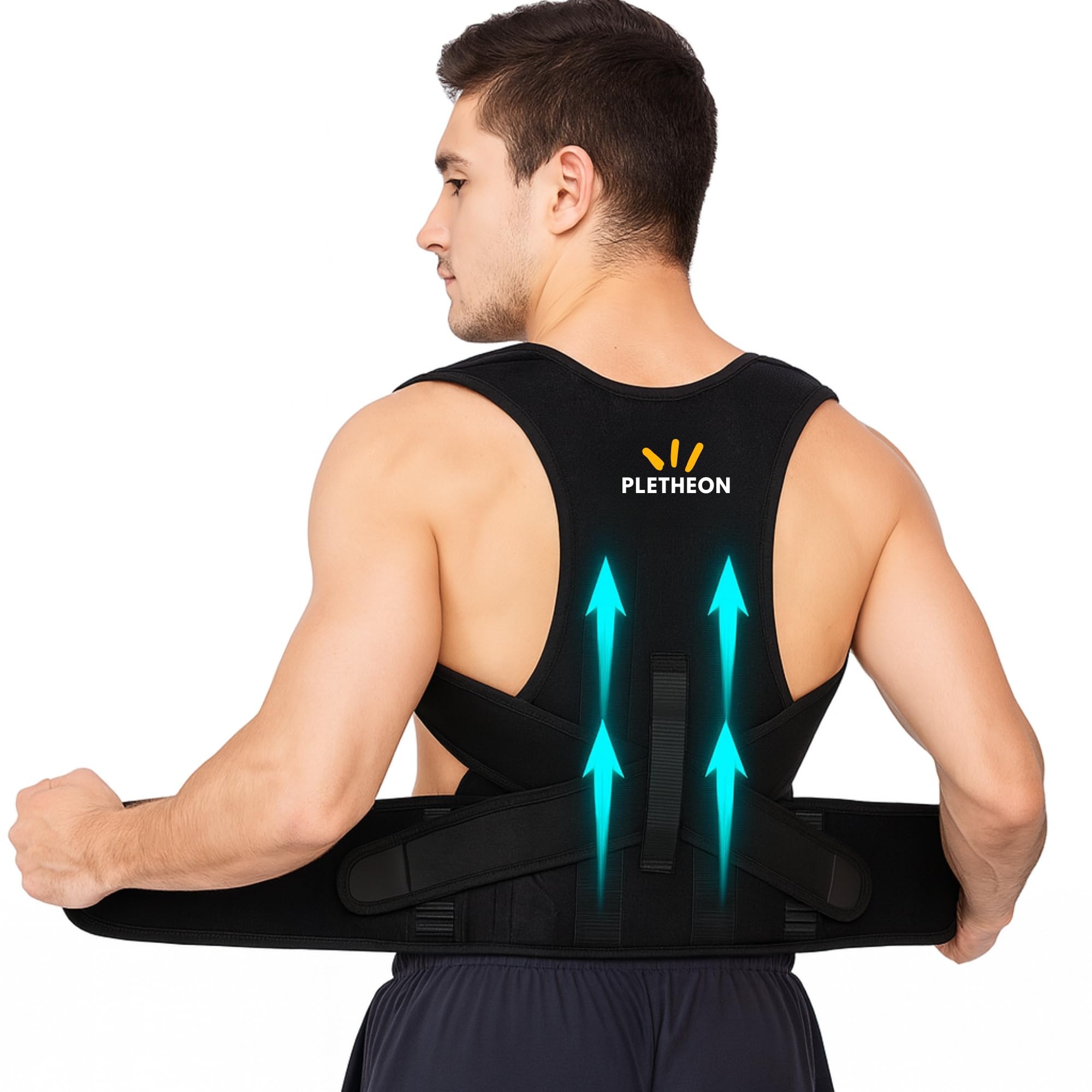 PLETHEON Posture Corrector Belt for Men & Women – Adjustable Back Brace for Spine Alignment, Shoulder & Upper Back Pain Relief | Comfortable Unisex Clavicle Support Brace (Black)